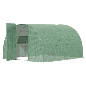 4 x 3 x 2 m Walk-In Greenhouse Reinforced Polytunnel Greenhouse with Metal Hinged Door Steel Frame and Mesh Windows Green