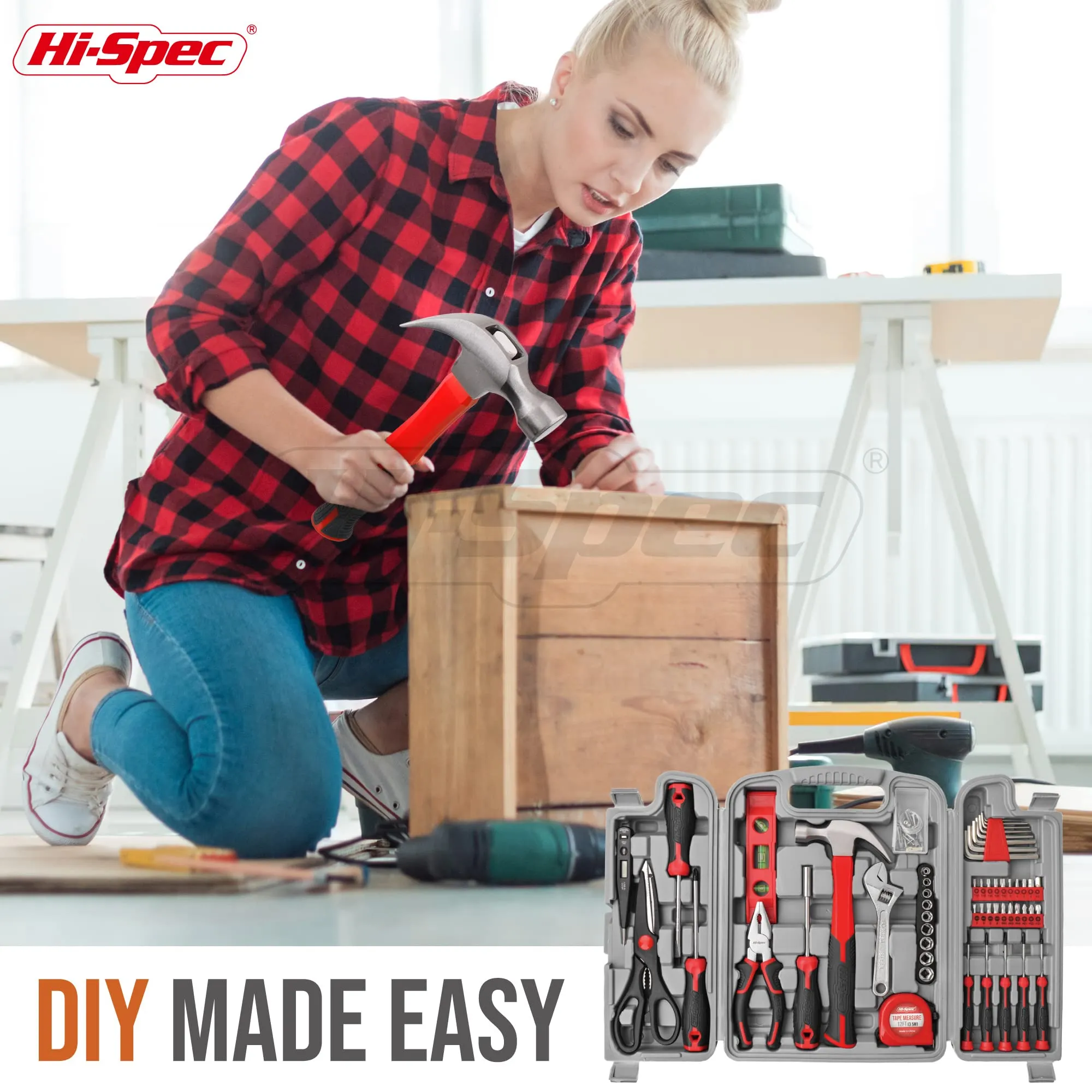 54pc Red Home and Garage DIY Tool Kit Set. Complete Hand Tools in a Portable Carry Case