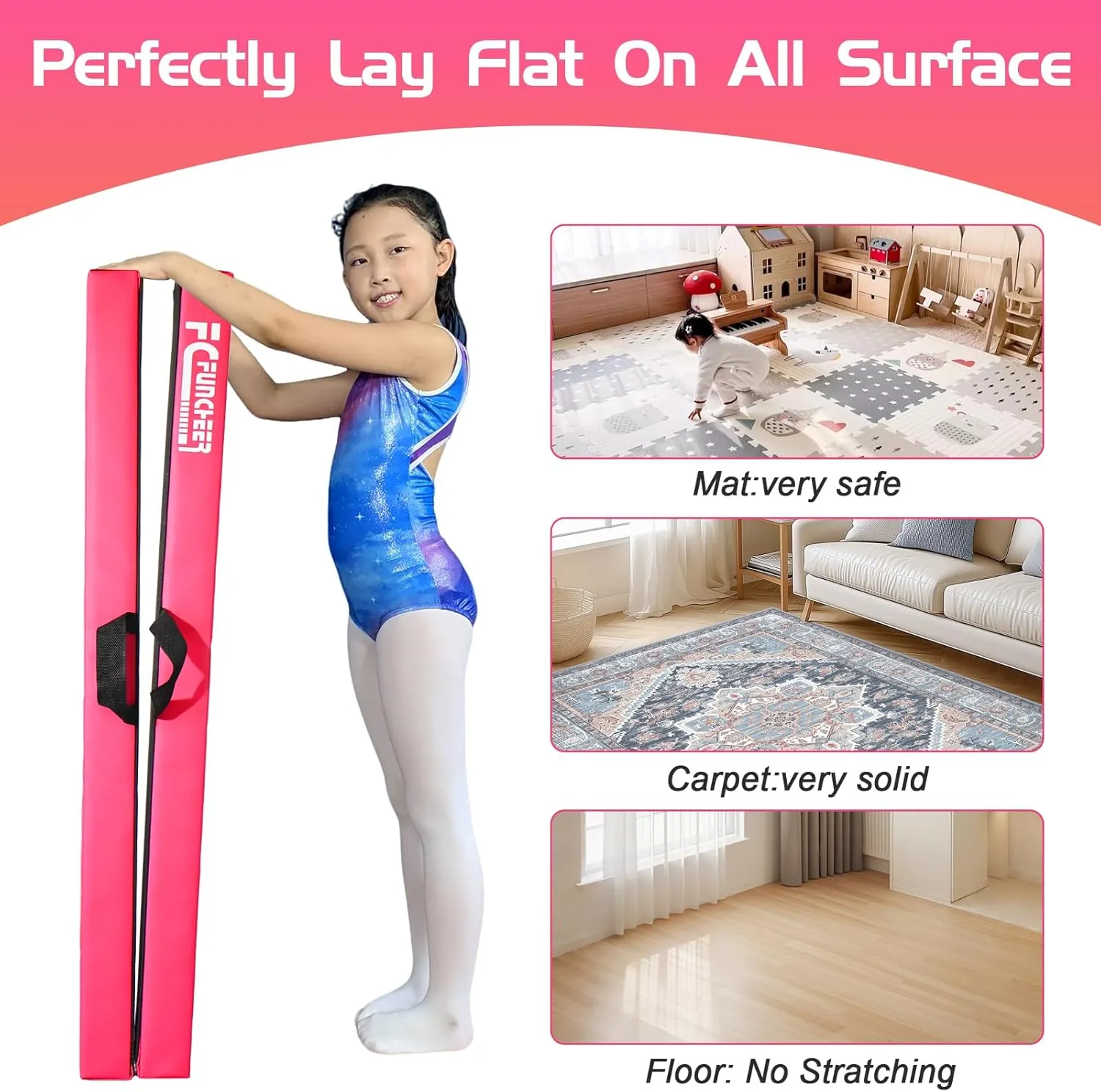 8FT Folding Balance Beam -Gymnastics Floor Beam -Gymnastics Equipment for Kids,Wood core- Anti-Slip Bottom and Carrying Bag for Home