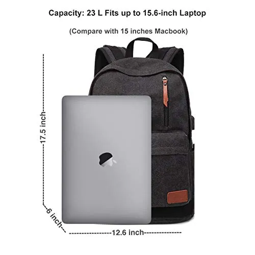 Canvas Laptop Backpack, Waterproof School Backpack With USB Charging Port For Men Women, Vintage
