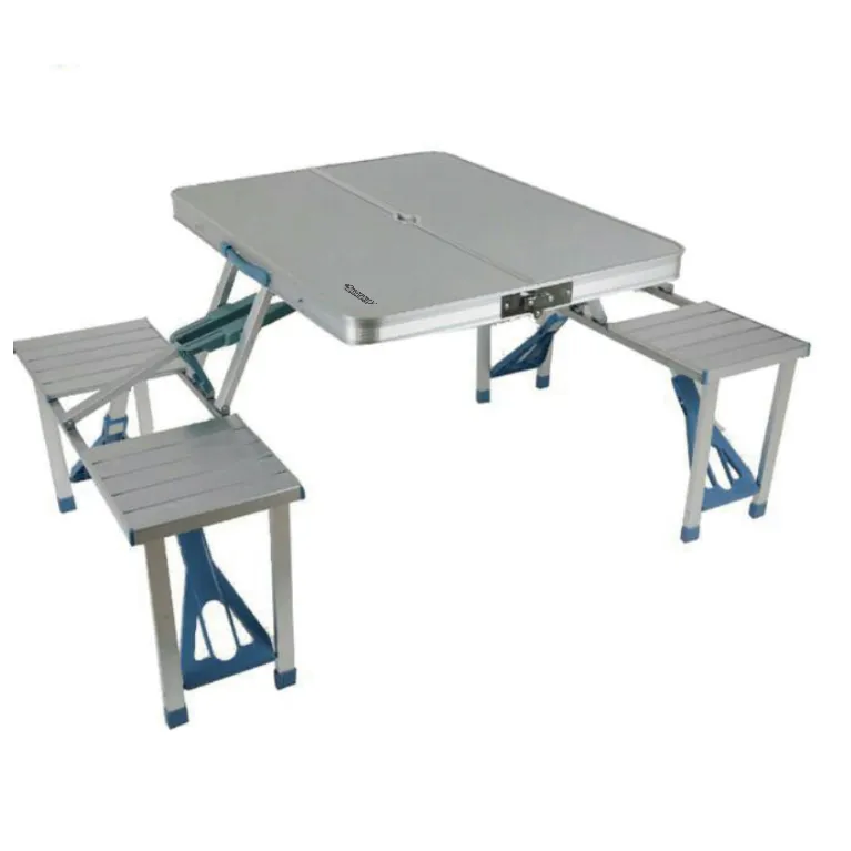 DISCOVERY ADVENTURES PORTABLE FOLDING PICNIC TABLE AND CHAIRS ALUMINUM CAMPING SUITCASE TABLE WITH UMBRELLA HOLE SIAMESE TABLE WITH 4 SEATS SET FOR PATIO BBQ TRAVEL CAMPING GATHERING INDOOR OUTDOOR