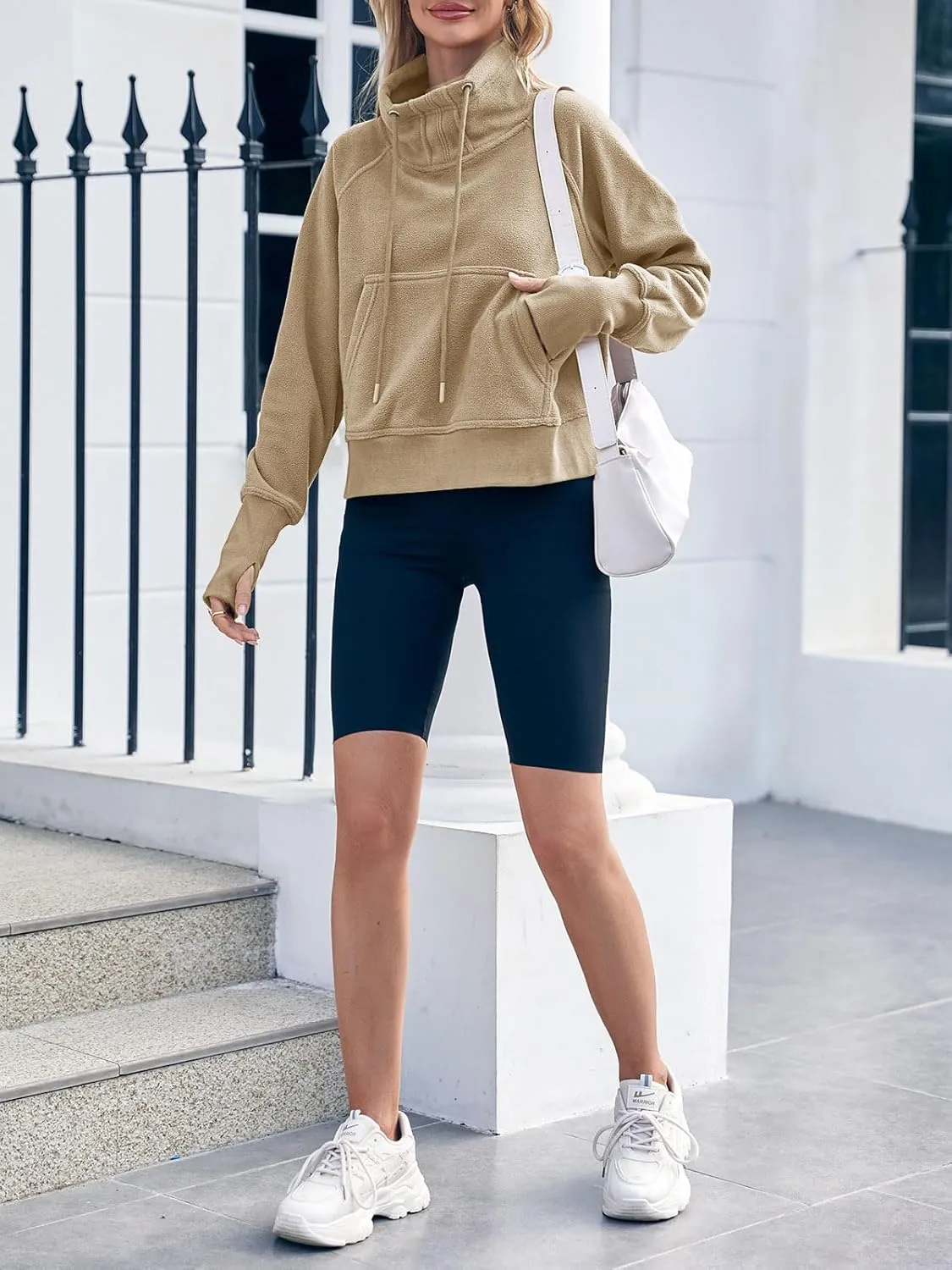 Fisoew Fleece Sweatshirts for Women Sherpa Long Sleeve Turtleneck Winter Pullover Tops Thumb Hole