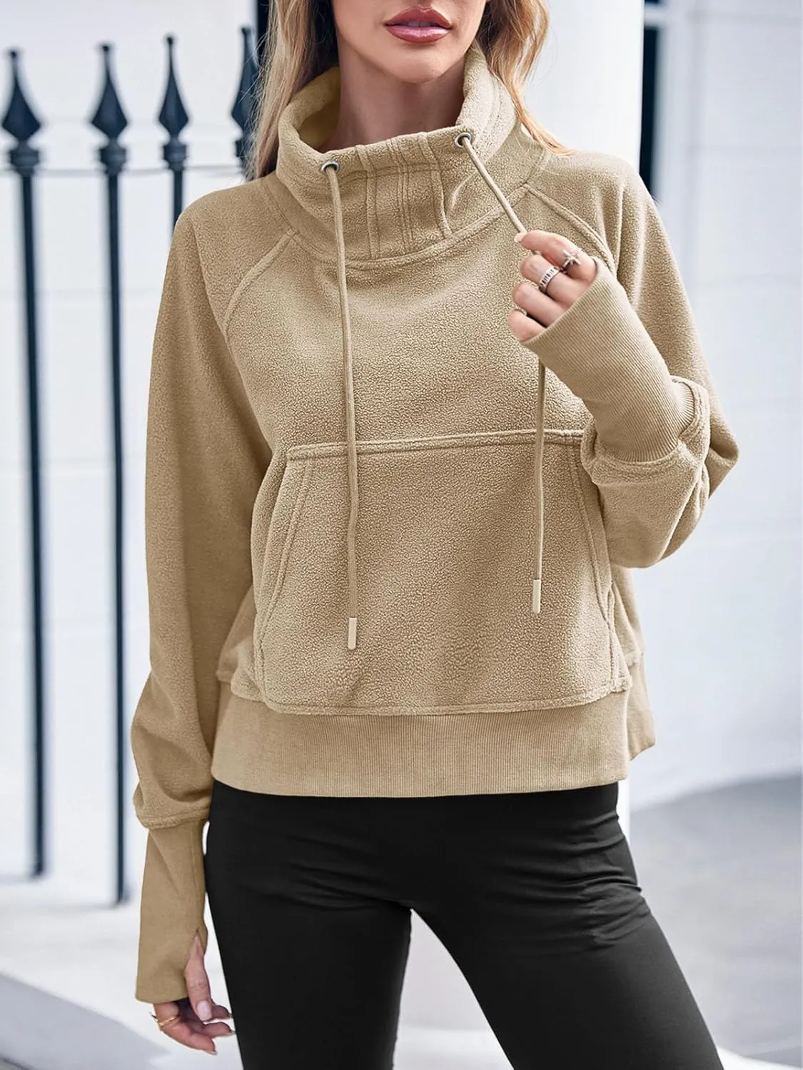 Fisoew Fleece Sweatshirts for Women Sherpa Long Sleeve Turtleneck Winter Pullover Tops Thumb Hole
