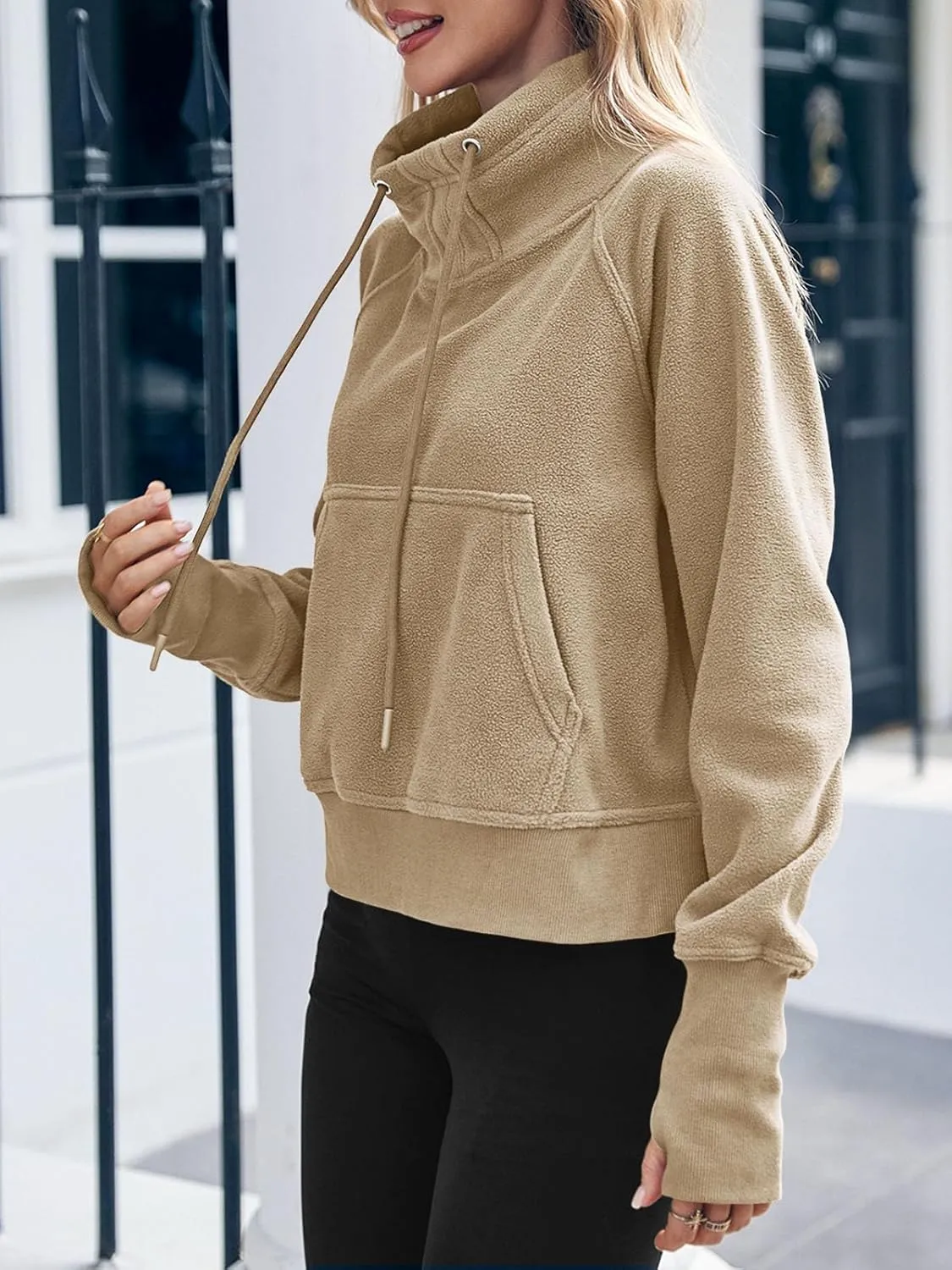 Fisoew Fleece Sweatshirts for Women Sherpa Long Sleeve Turtleneck Winter Pullover Tops Thumb Hole