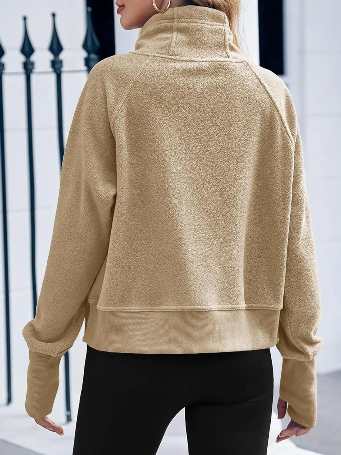 Fisoew Fleece Sweatshirts for Women Sherpa Long Sleeve Turtleneck Winter Pullover Tops Thumb Hole