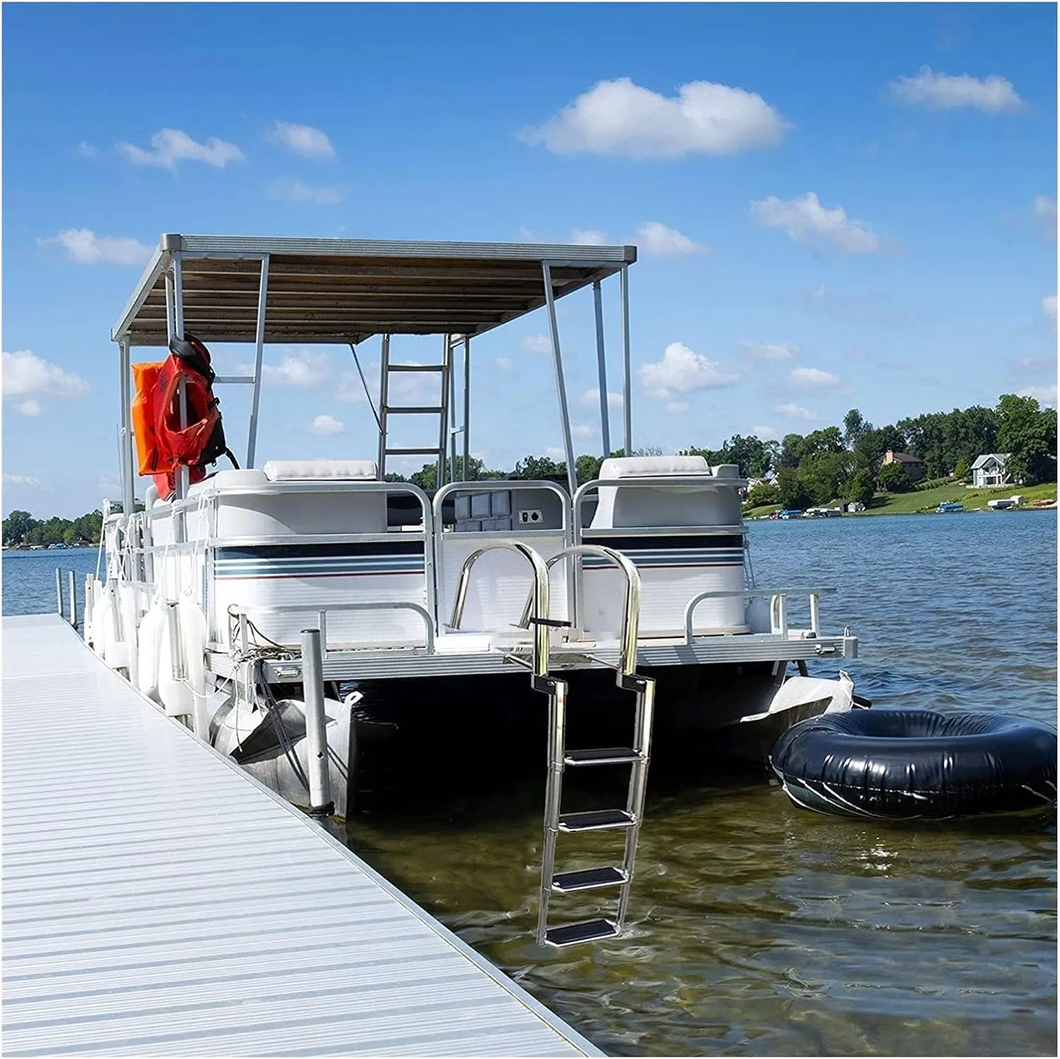 Heavy Duty Pontoon Boat Ladder 4 Step Folding Telescoping Pool Ladder with 2 Handrails, for Swimming Pool & Pontoon