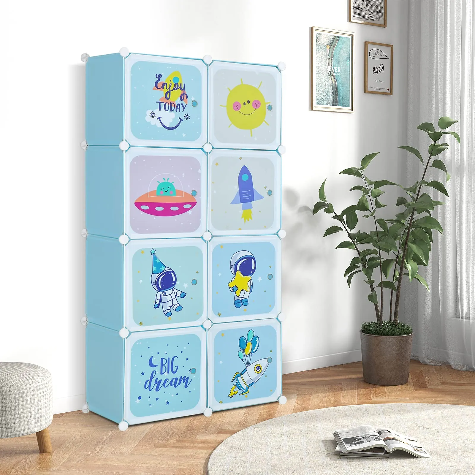 INFANS Children Wardrobe, Kid Closet, Cute for Kids Bedroom Nursery Armoire with 8 Cube, Kid Clothes Storage Organizer