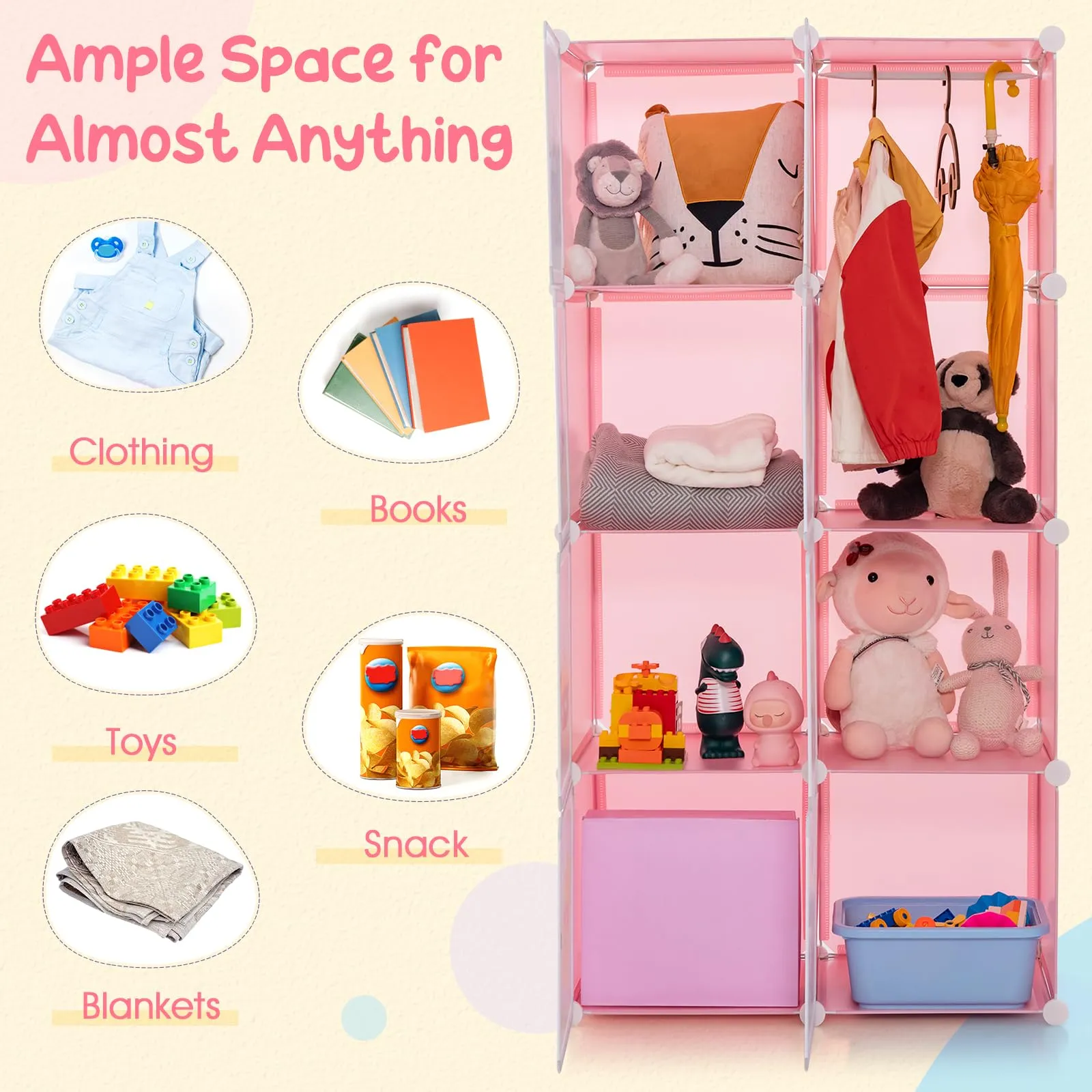 INFANS Children Wardrobe, Kid Closet, Cute for Kids Bedroom Nursery Armoire with 8 Cube, Kid Clothes Storage Organizer