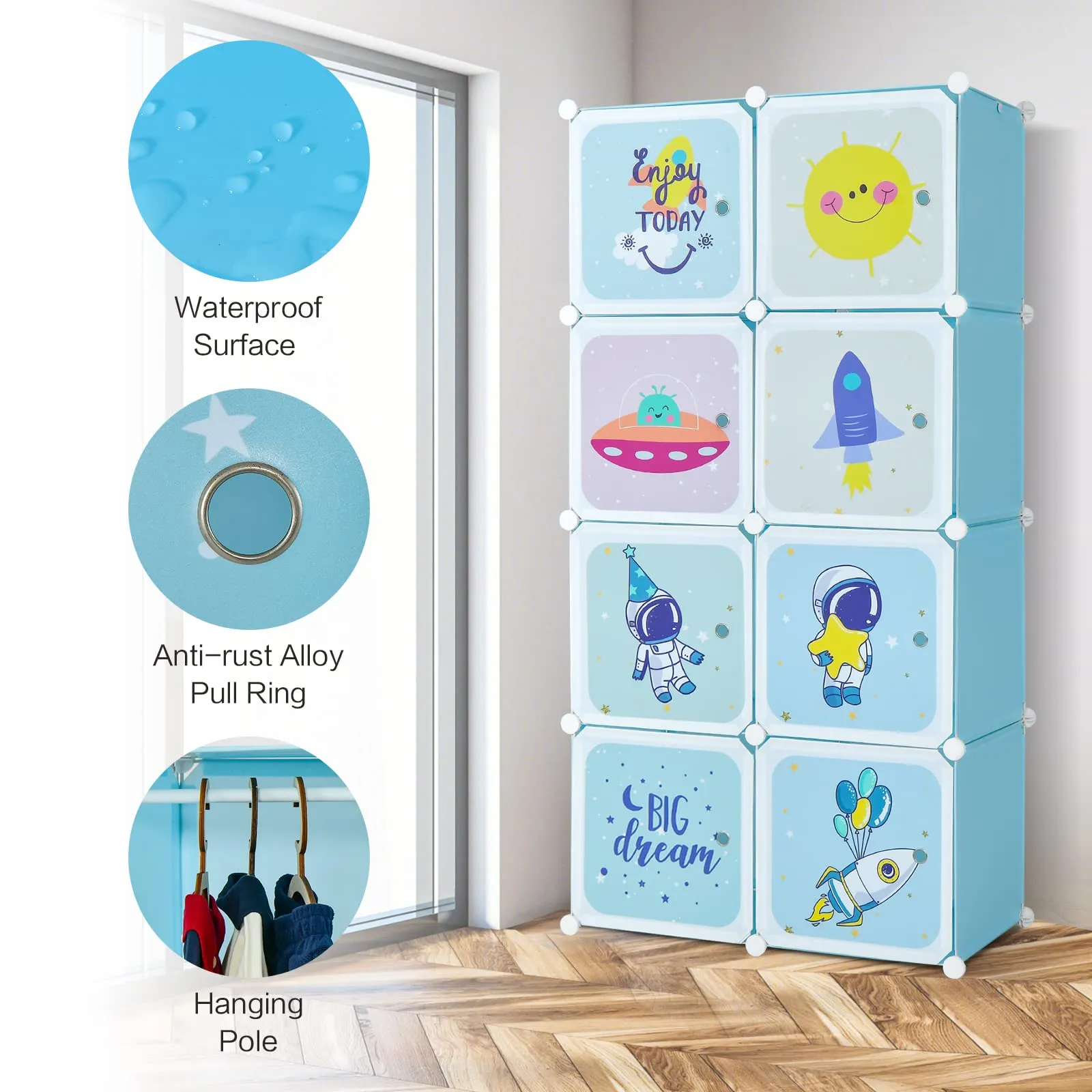 INFANS Children Wardrobe, Kid Closet, Cute for Kids Bedroom Nursery Armoire with 8 Cube, Kid Clothes Storage Organizer