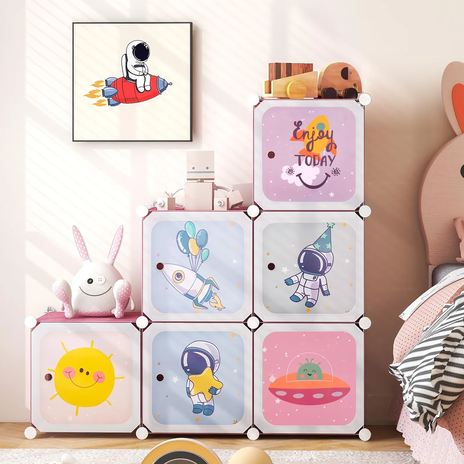INFANS Children Wardrobe, Kid Closet, Cute for Kids Bedroom Nursery Armoire with 8 Cube, Kid Clothes Storage Organizer