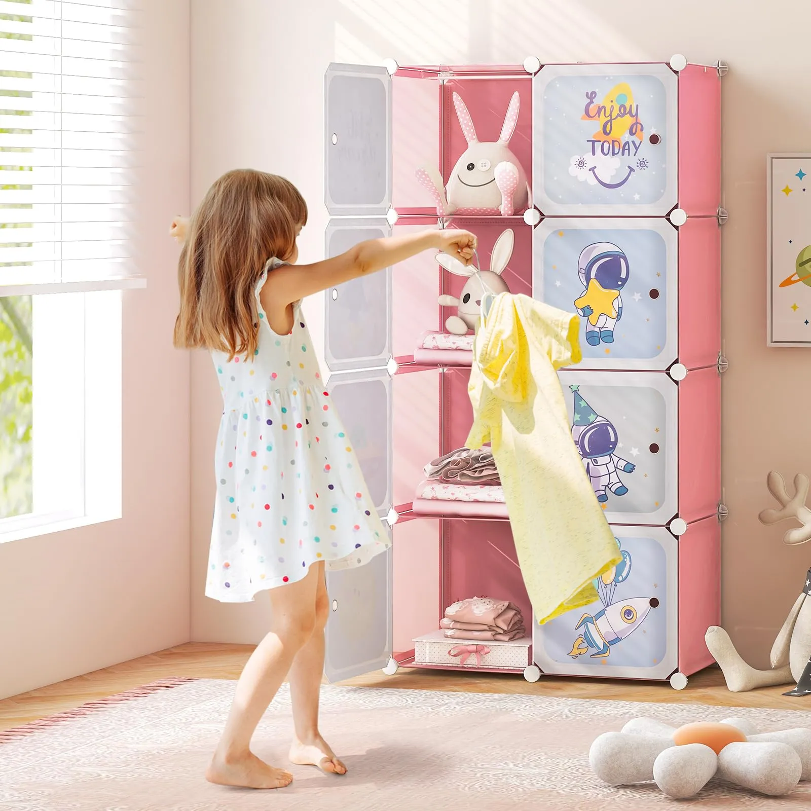 INFANS Children Wardrobe, Kid Closet, Cute for Kids Bedroom Nursery Armoire with 8 Cube, Kid Clothes Storage Organizer