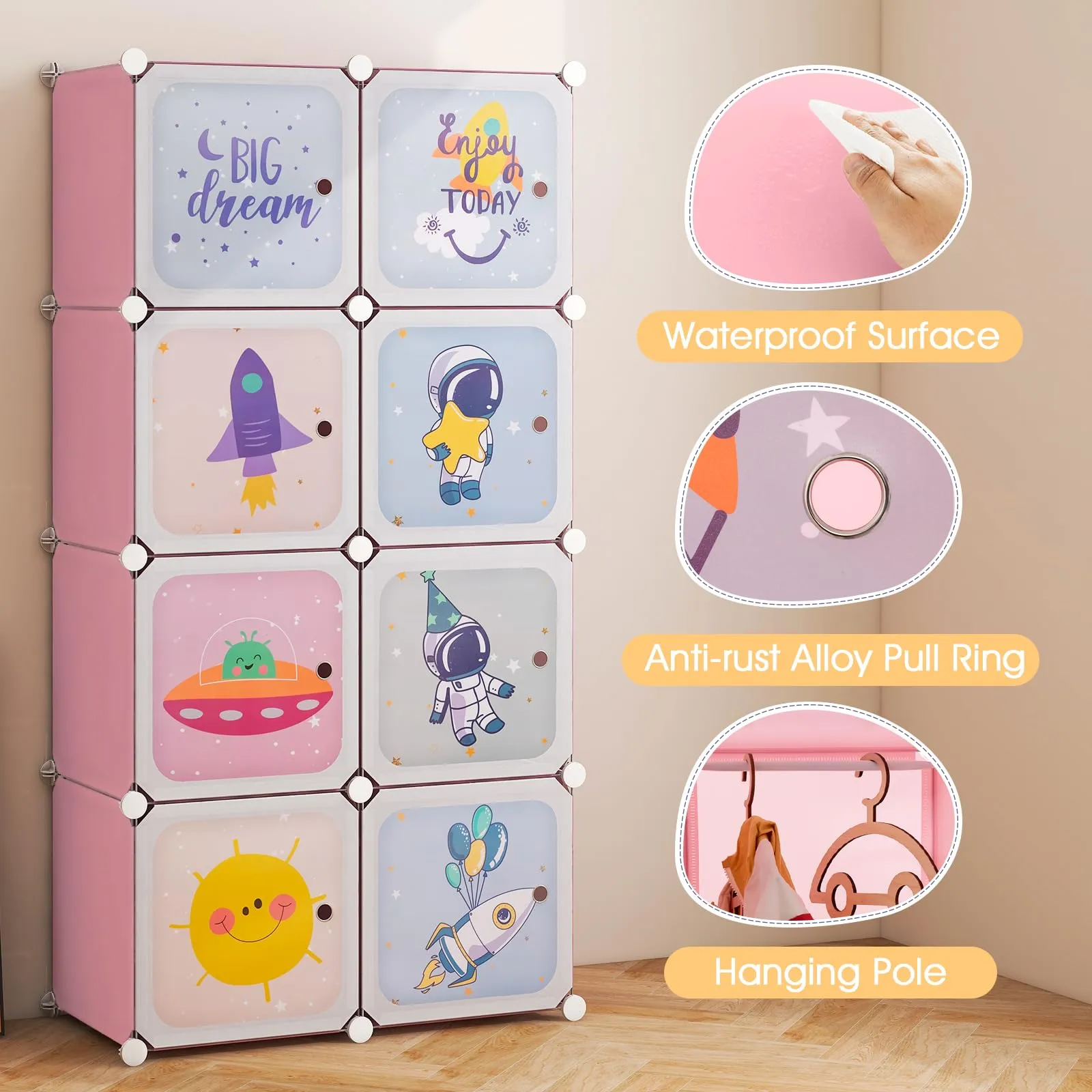 INFANS Children Wardrobe, Kid Closet, Cute for Kids Bedroom Nursery Armoire with 8 Cube, Kid Clothes Storage Organizer