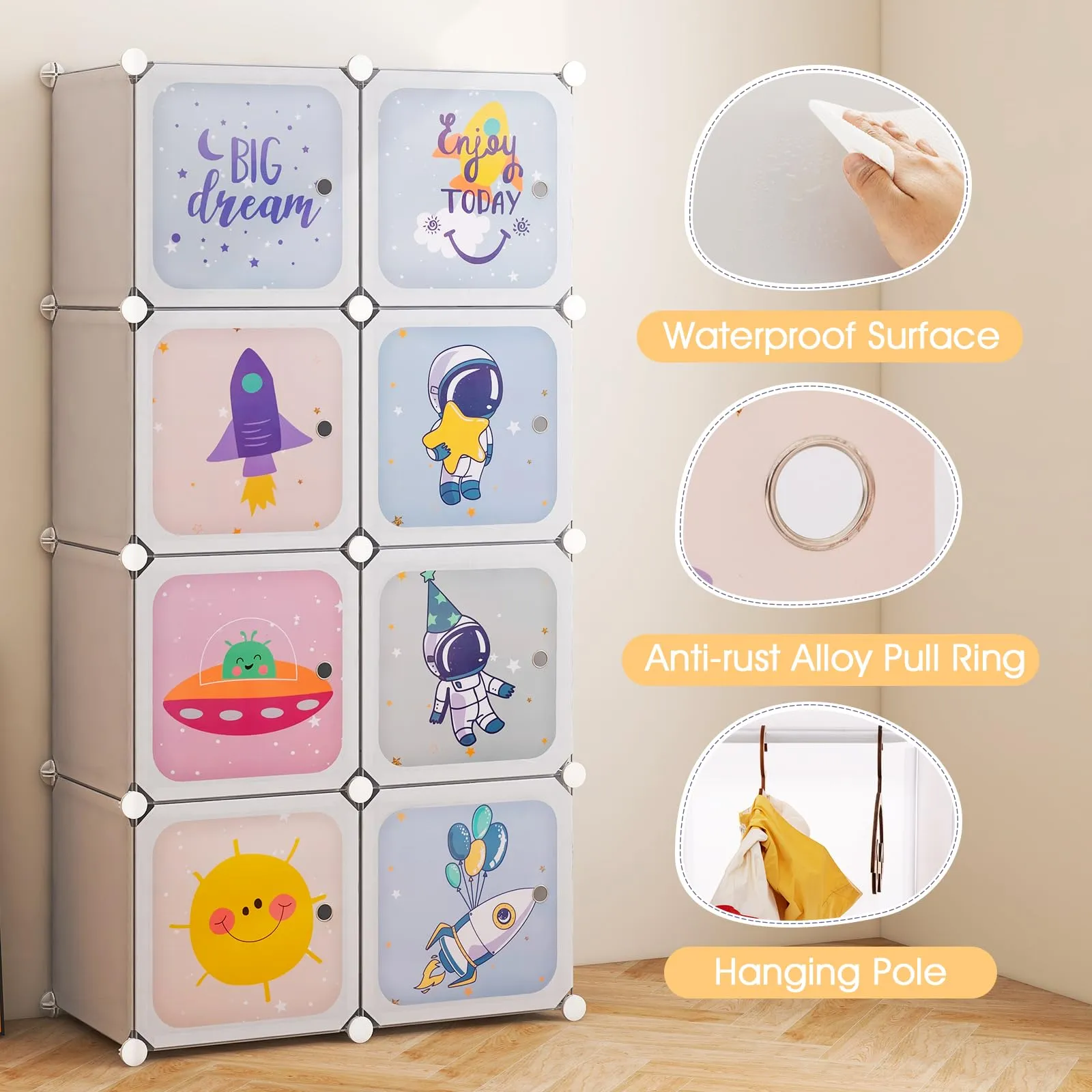 INFANS Children Wardrobe, Kid Closet, Cute for Kids Bedroom Nursery Armoire with 8 Cube, Kid Clothes Storage Organizer