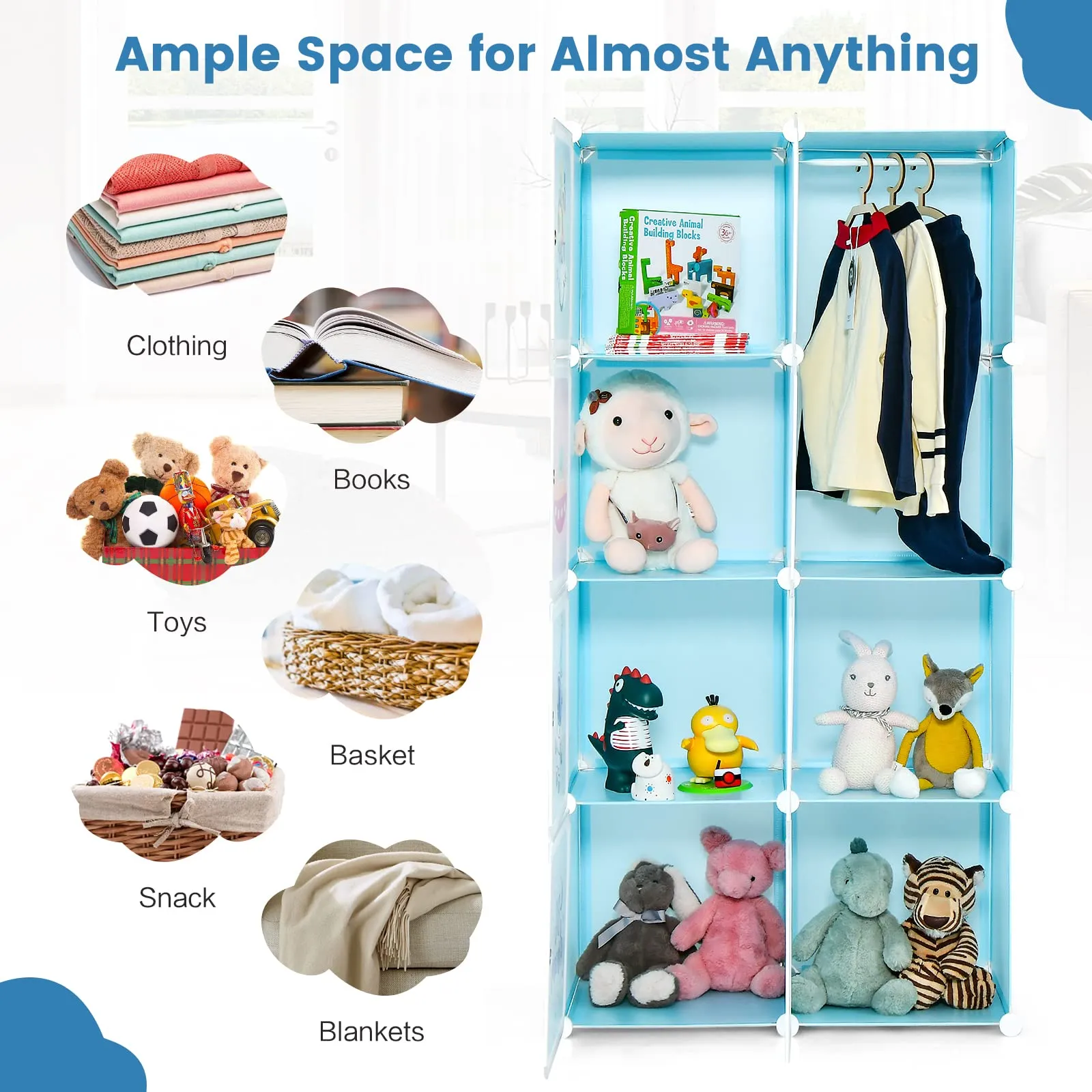 INFANS Children Wardrobe, Kid Closet, Cute for Kids Bedroom Nursery Armoire with 8 Cube, Kid Clothes Storage Organizer