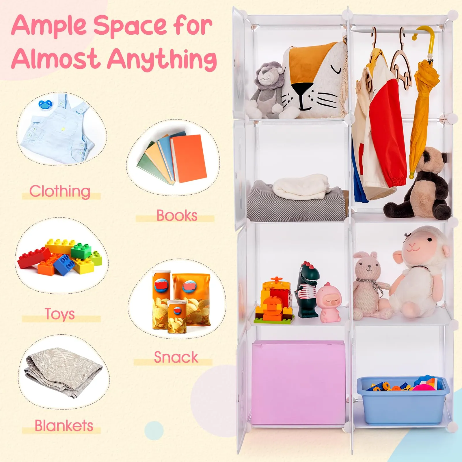 INFANS Children Wardrobe, Kid Closet, Cute for Kids Bedroom Nursery Armoire with 8 Cube, Kid Clothes Storage Organizer