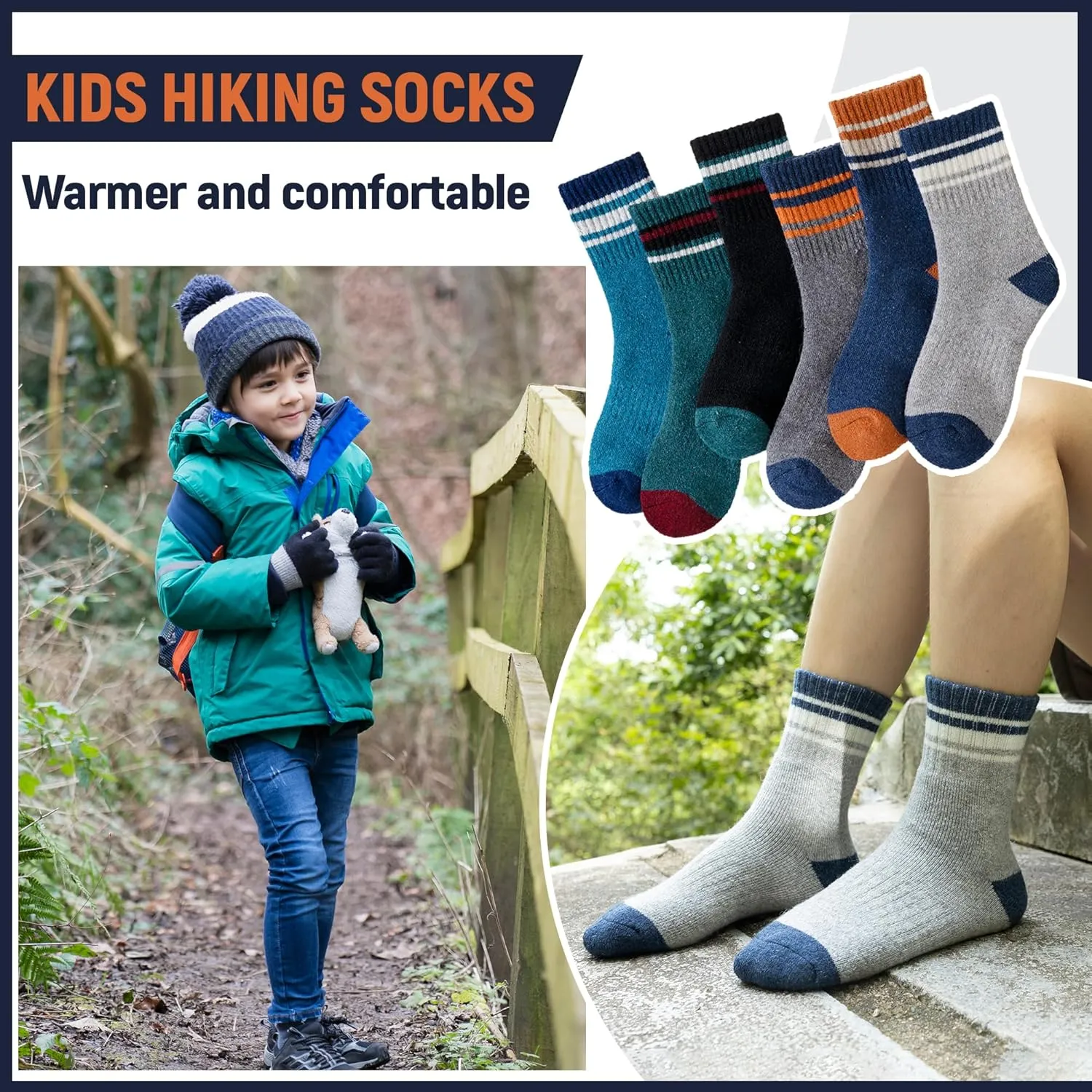 Kids Merino Wool Hiking Socks Boy Girls Winter Thick Boot Cushion Warm Thermal Crew Socks 6 Pairs