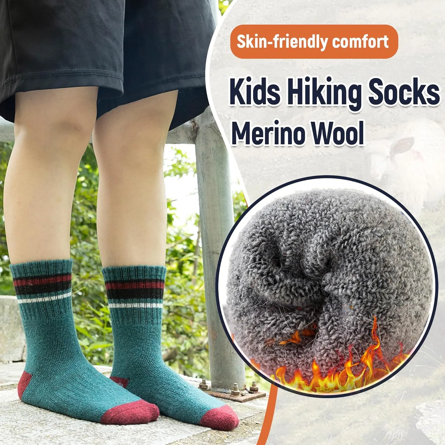 Kids Merino Wool Hiking Socks Boy Girls Winter Thick Boot Cushion Warm Thermal Crew Socks 6 Pairs
