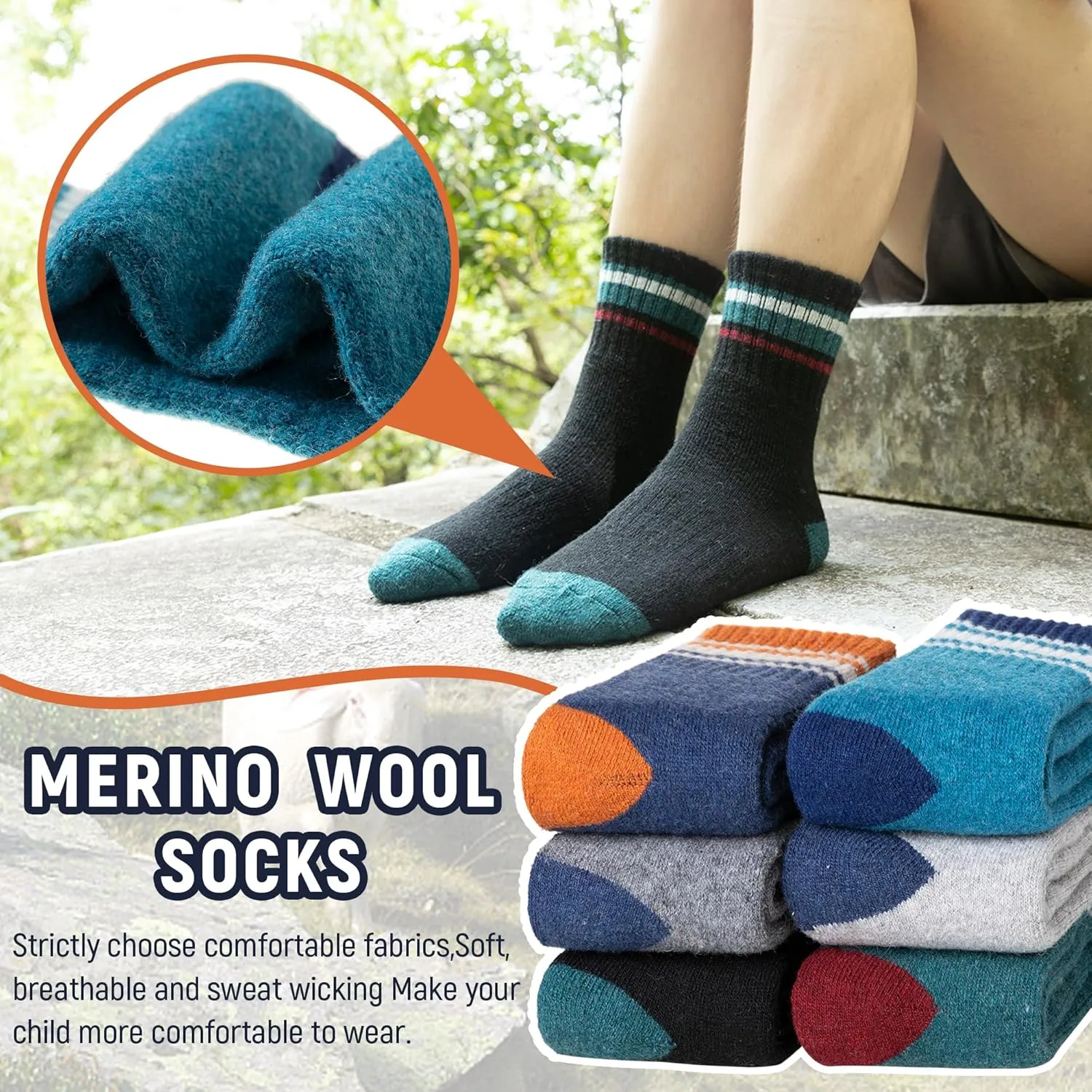 Kids Merino Wool Hiking Socks Boy Girls Winter Thick Boot Cushion Warm Thermal Crew Socks 6 Pairs