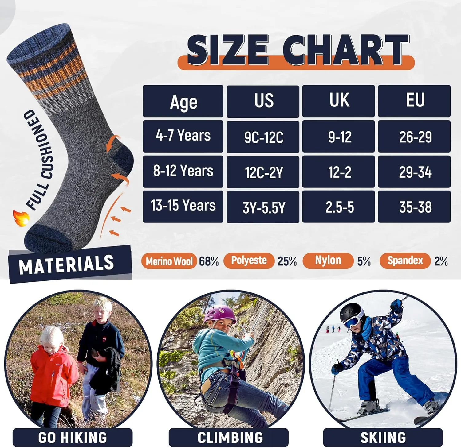 Kids Merino Wool Hiking Socks Boy Girls Winter Thick Boot Cushion Warm Thermal Crew Socks 6 Pairs