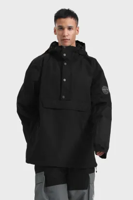 Men's Black Loose-Fit Multi-Snap Closure Waterproof Snow Anorak