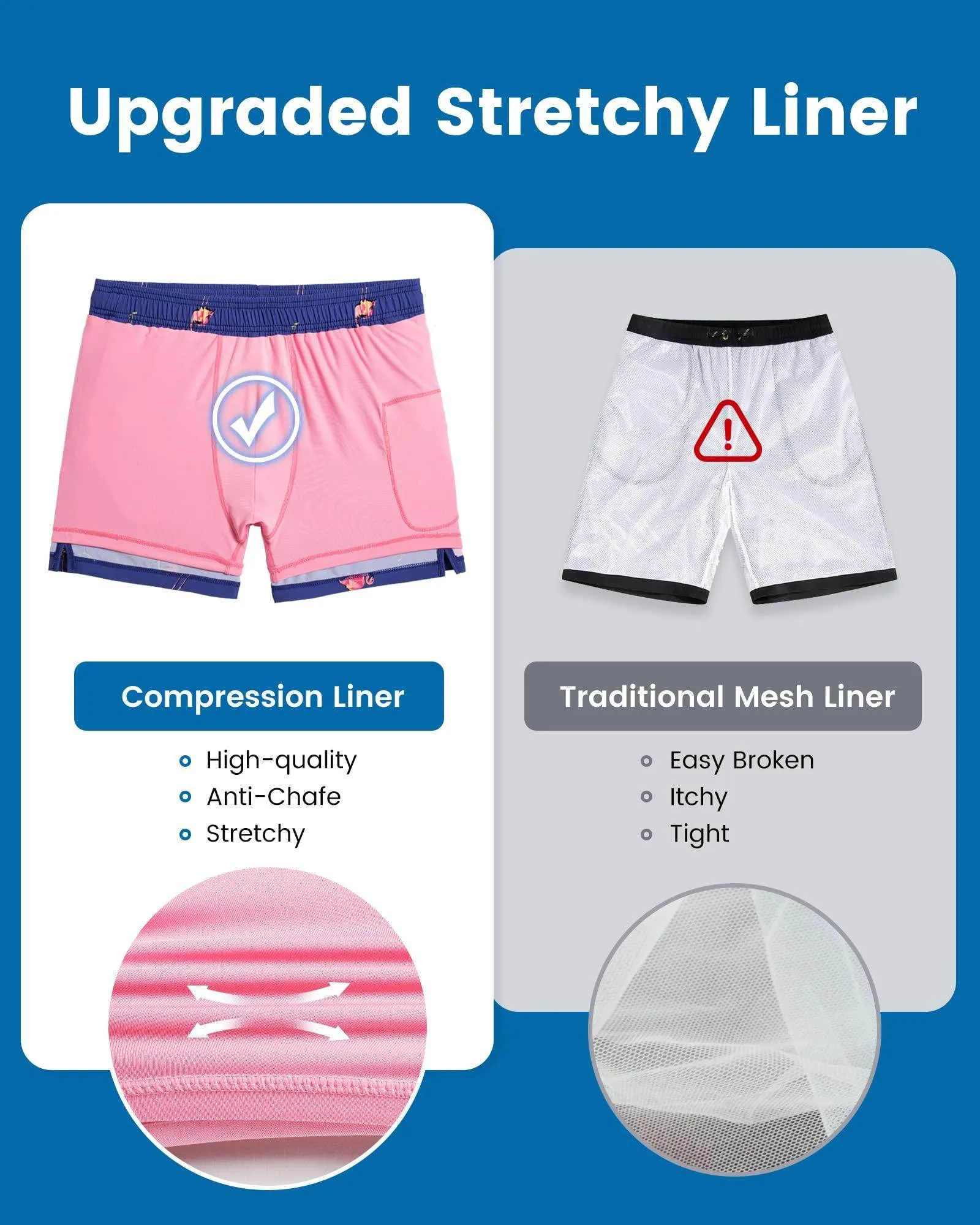 Mens Swim Trunks Compression Liner Quick Dry Zipper Pockets