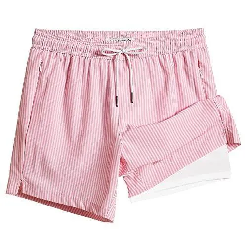 Mens Swim Trunks Compression Liner Quick Dry Zipper Pockets