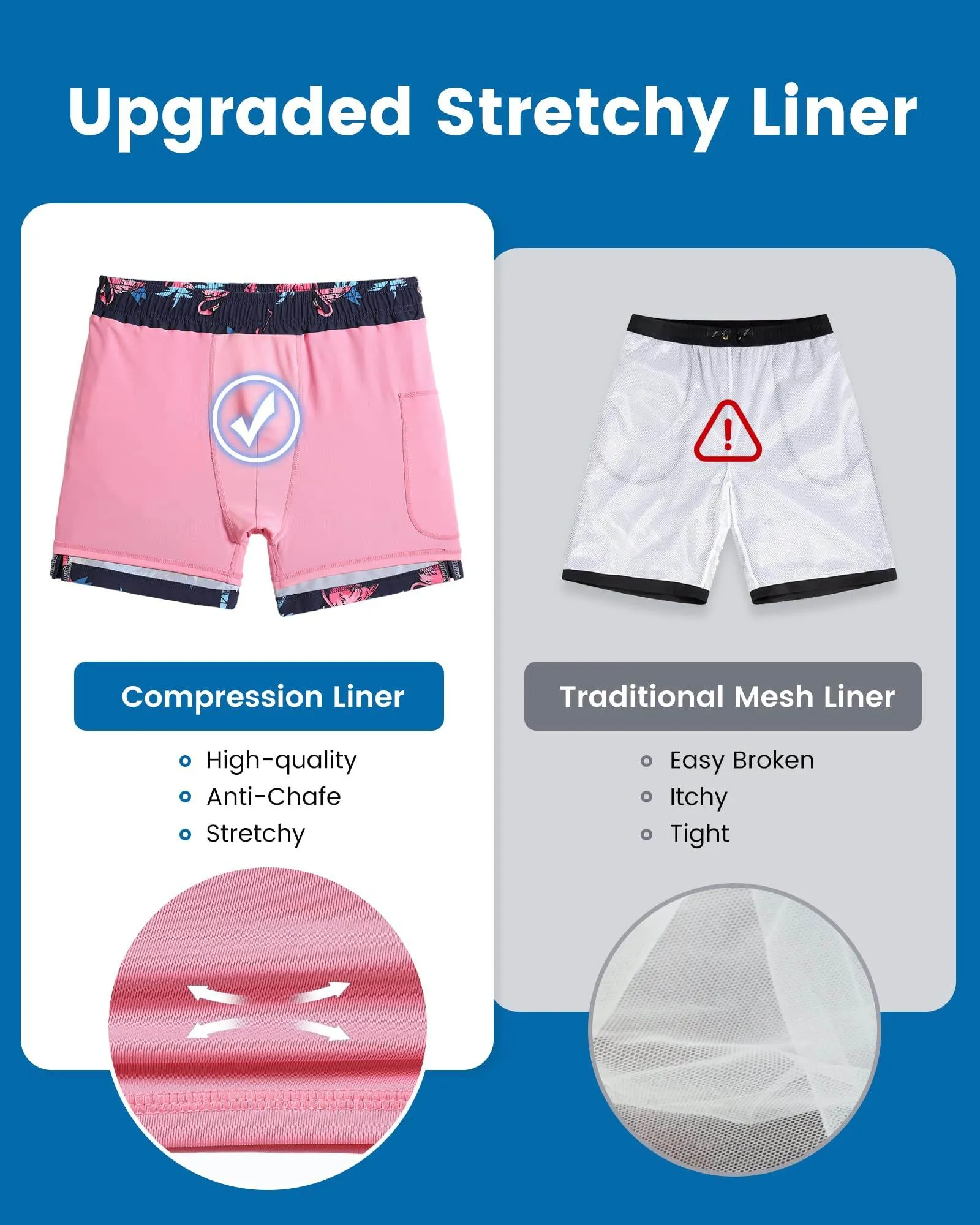 Mens Swim Trunks Compression Liner Quick Dry Zipper Pockets