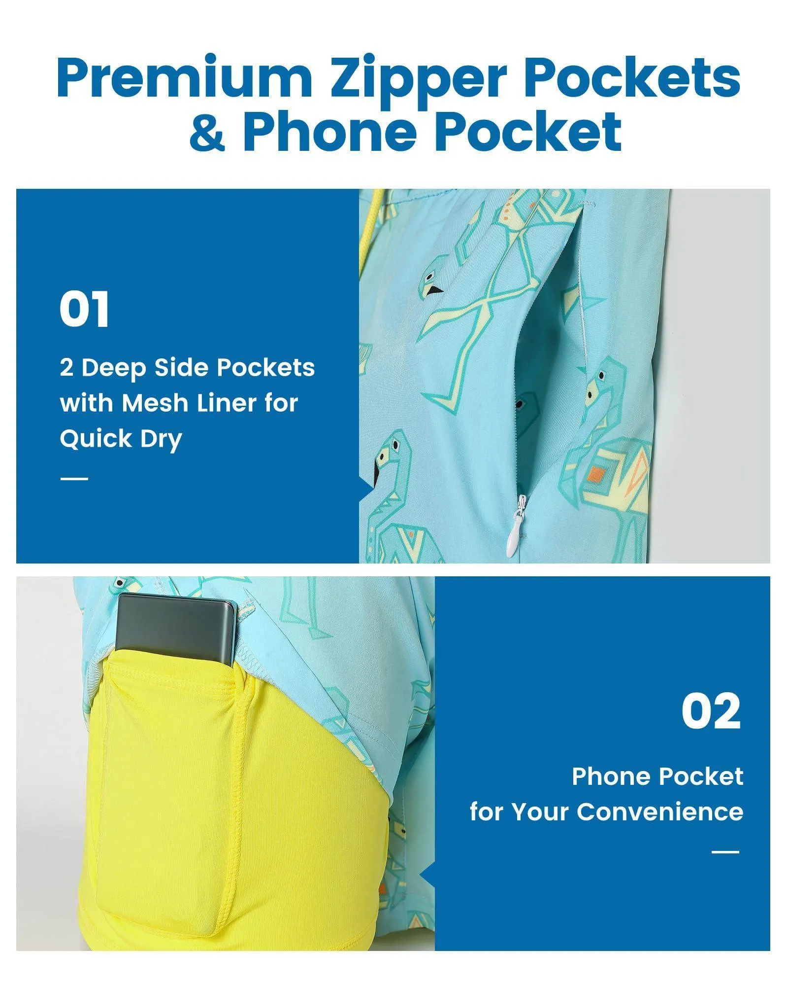 Mens Swim Trunks Compression Liner Quick Dry Zipper Pockets