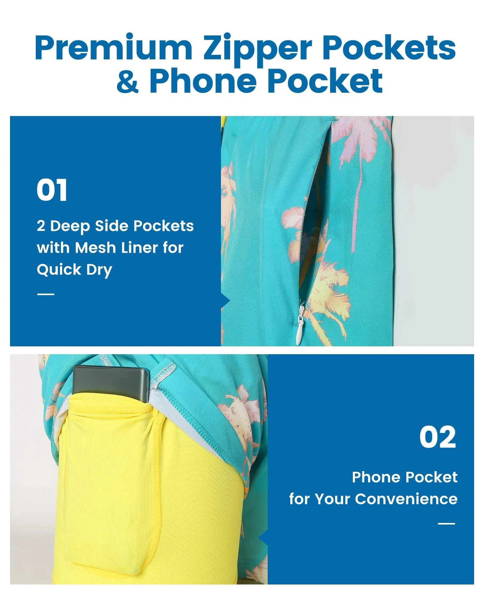 Mens Swim Trunks Compression Liner Quick Dry Zipper Pockets