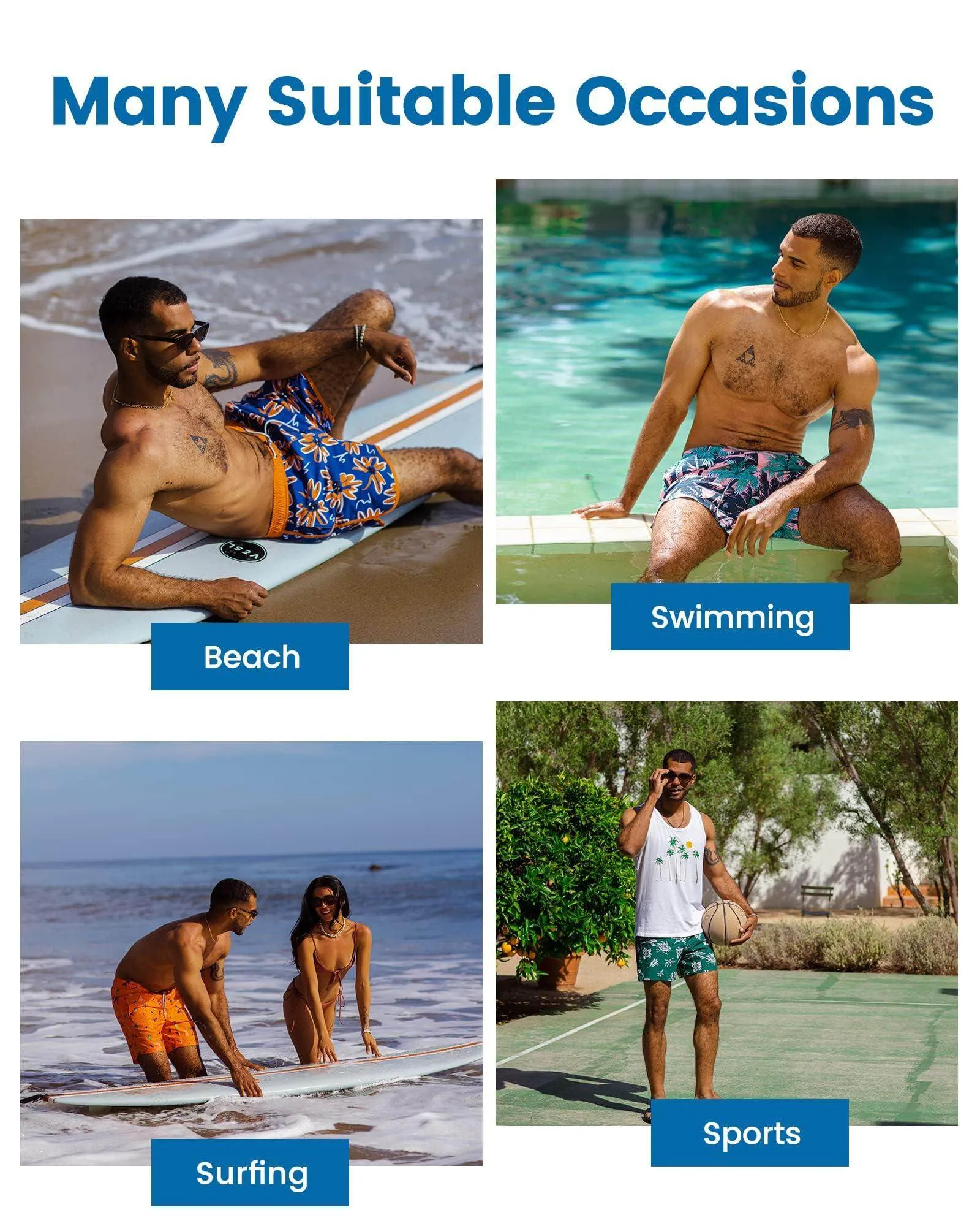 Mens Swim Trunks Compression Liner Quick Dry Zipper Pockets