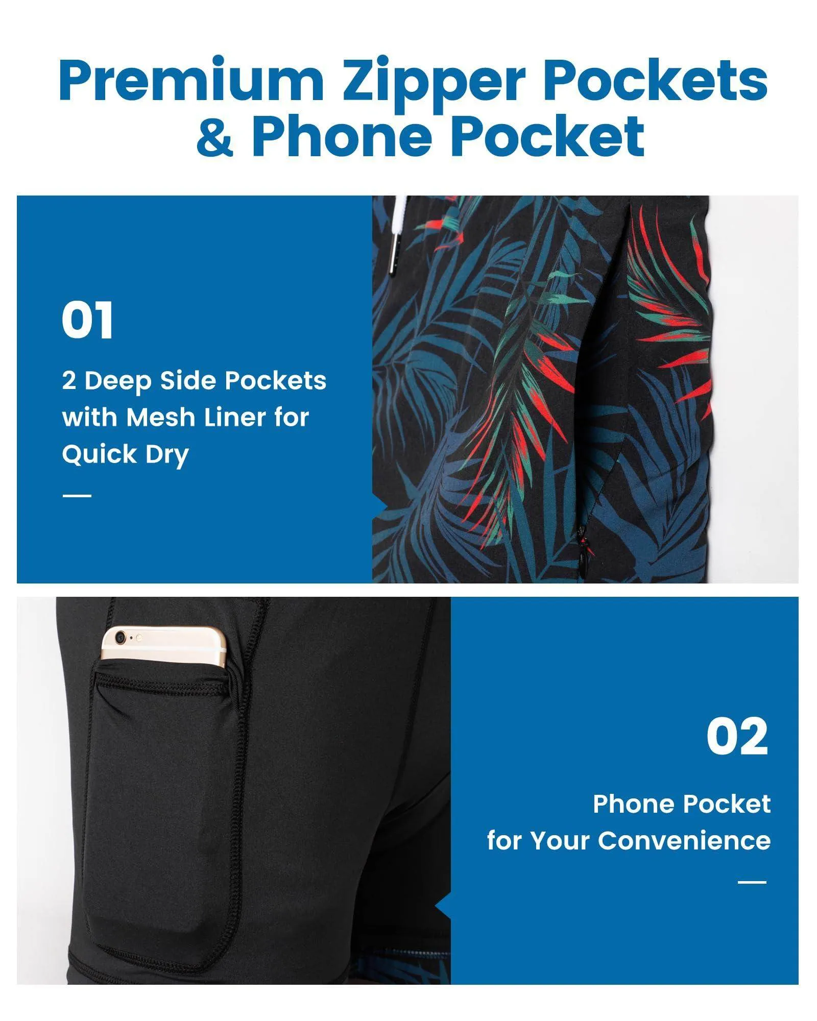 Mens Swim Trunks Compression Liner Quick Dry Zipper Pockets