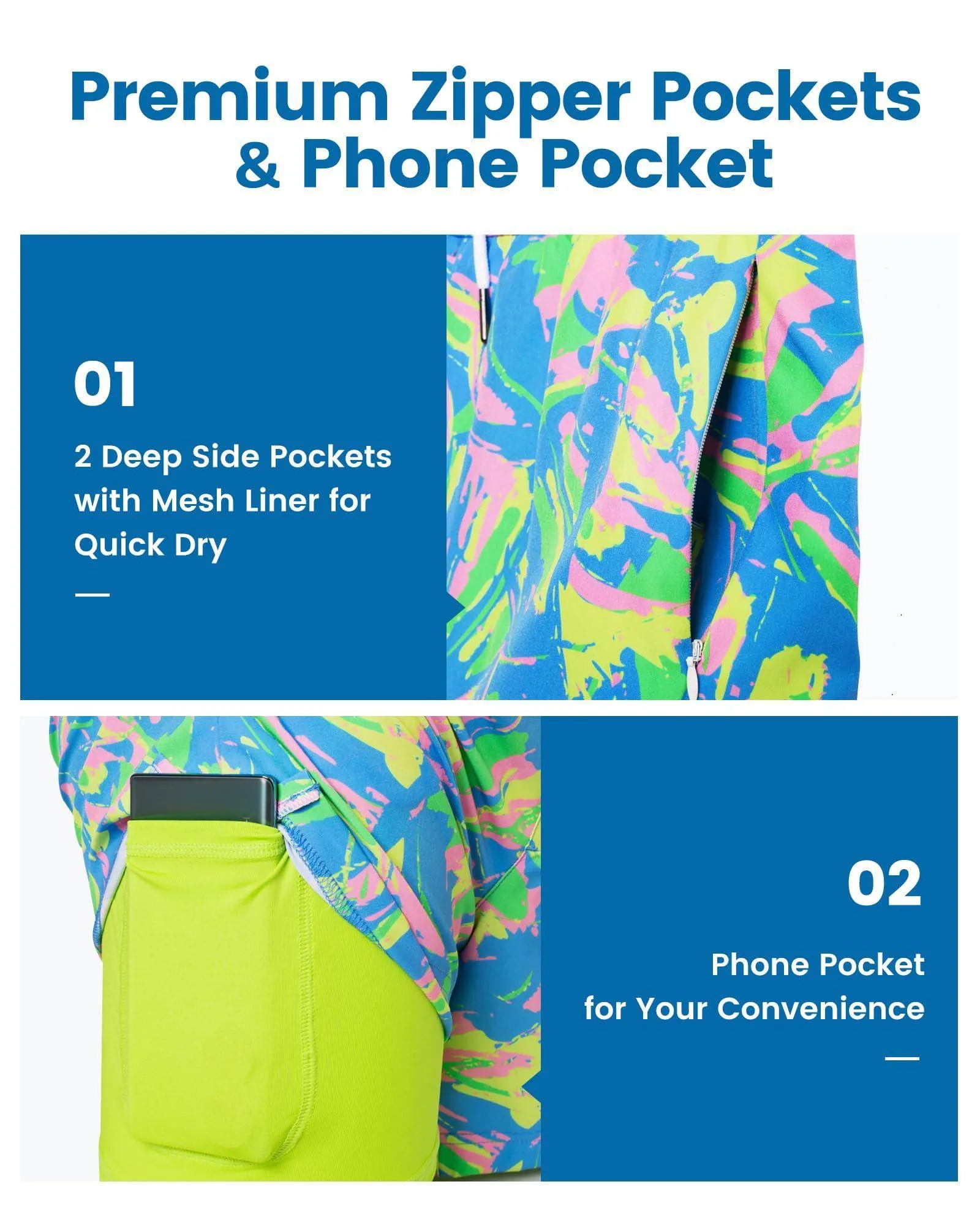 Mens Swim Trunks Compression Liner Quick Dry Zipper Pockets