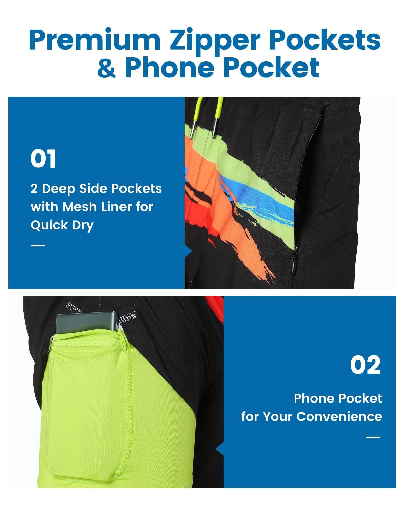 Mens Swim Trunks Compression Liner Quick Dry Zipper Pockets