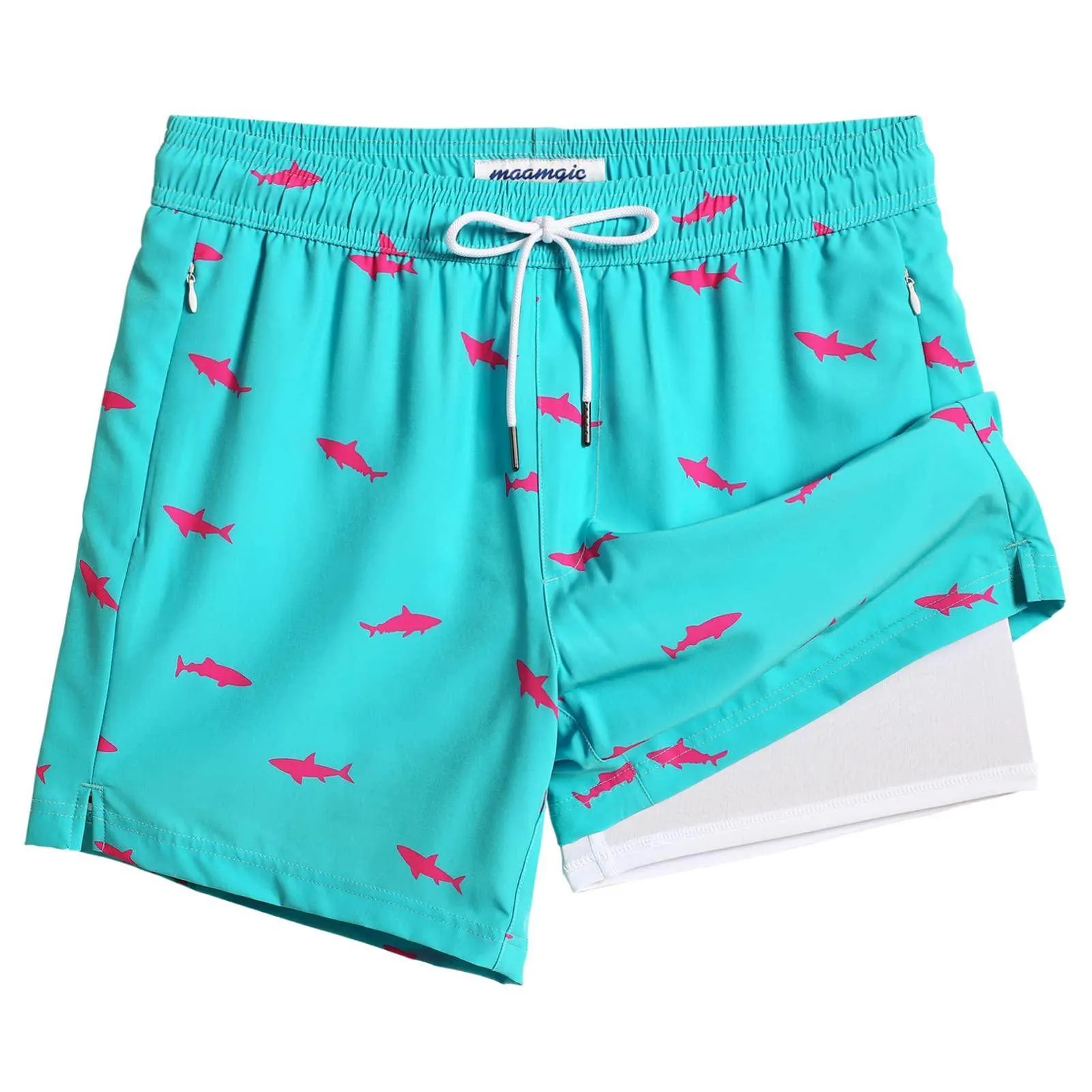 Mens Swim Trunks Compression Liner Quick Dry Zipper Pockets