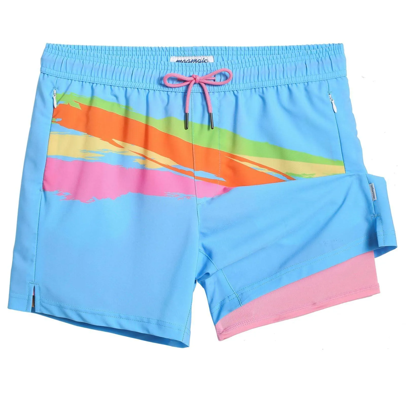 Mens Swim Trunks Compression Liner Quick Dry Zipper Pockets