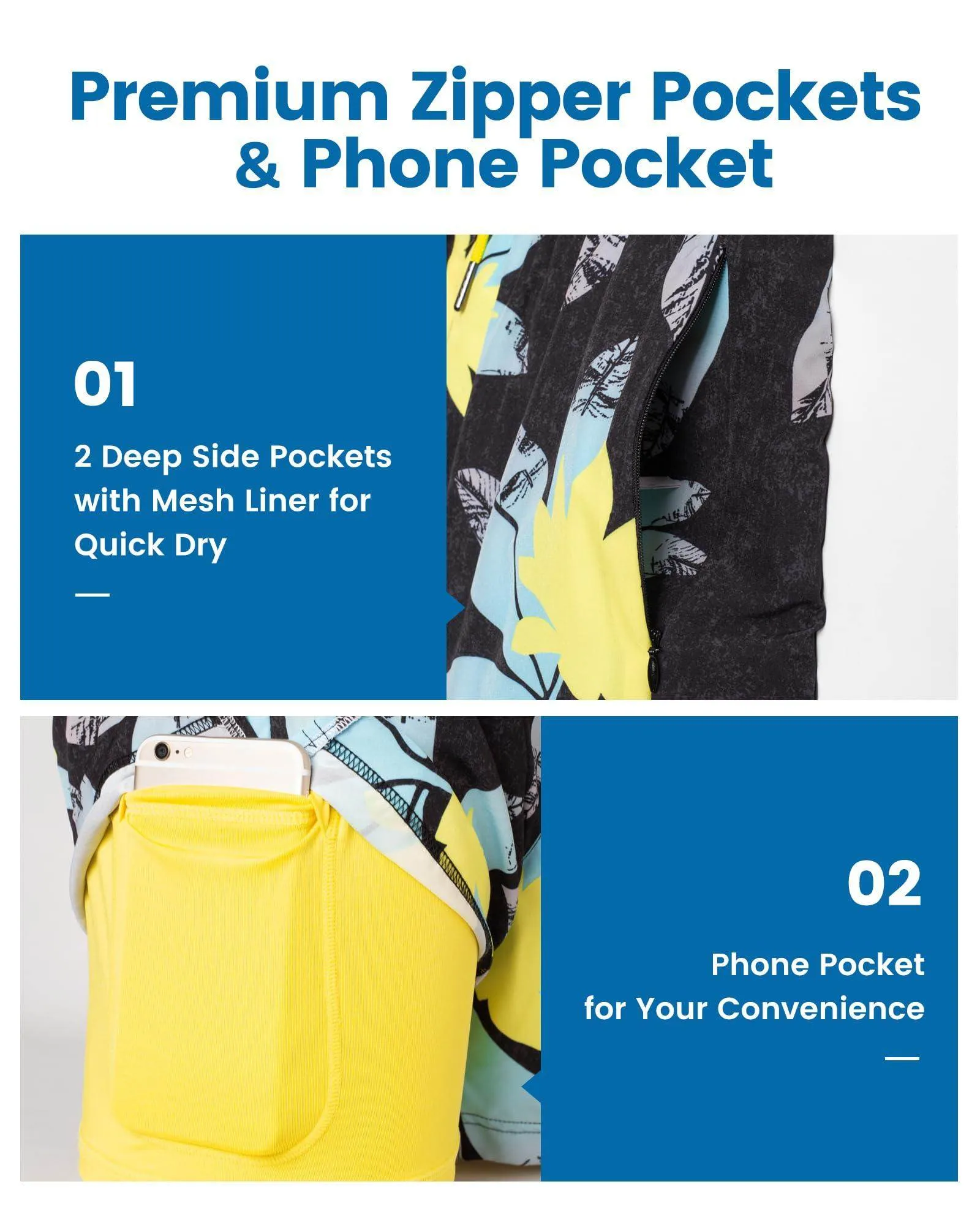 Mens Swim Trunks Compression Liner Quick Dry Zipper Pockets