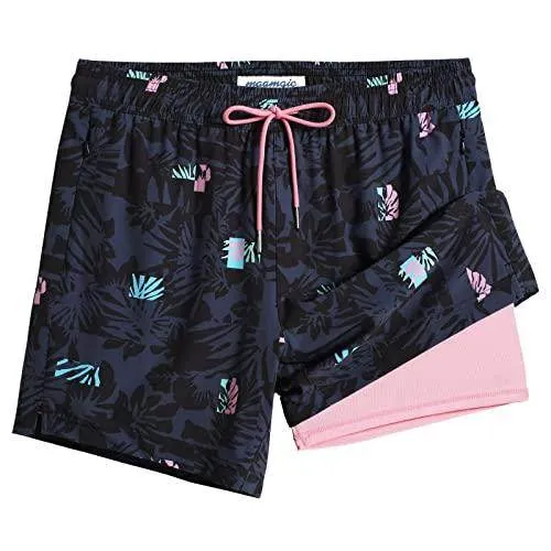 Mens Swim Trunks Compression Liner Quick Dry Zipper Pockets