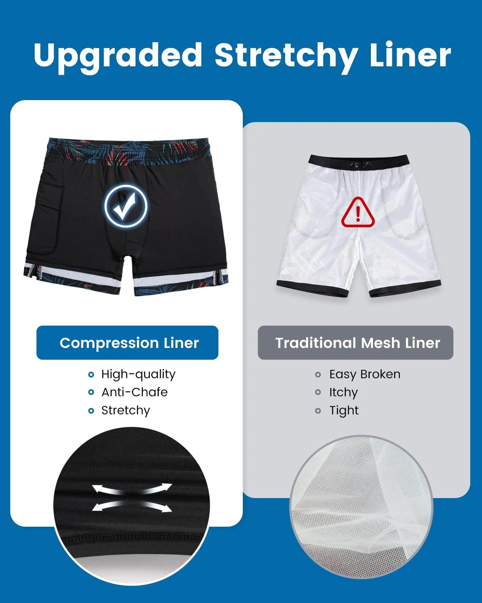 Mens Swim Trunks Compression Liner Quick Dry Zipper Pockets