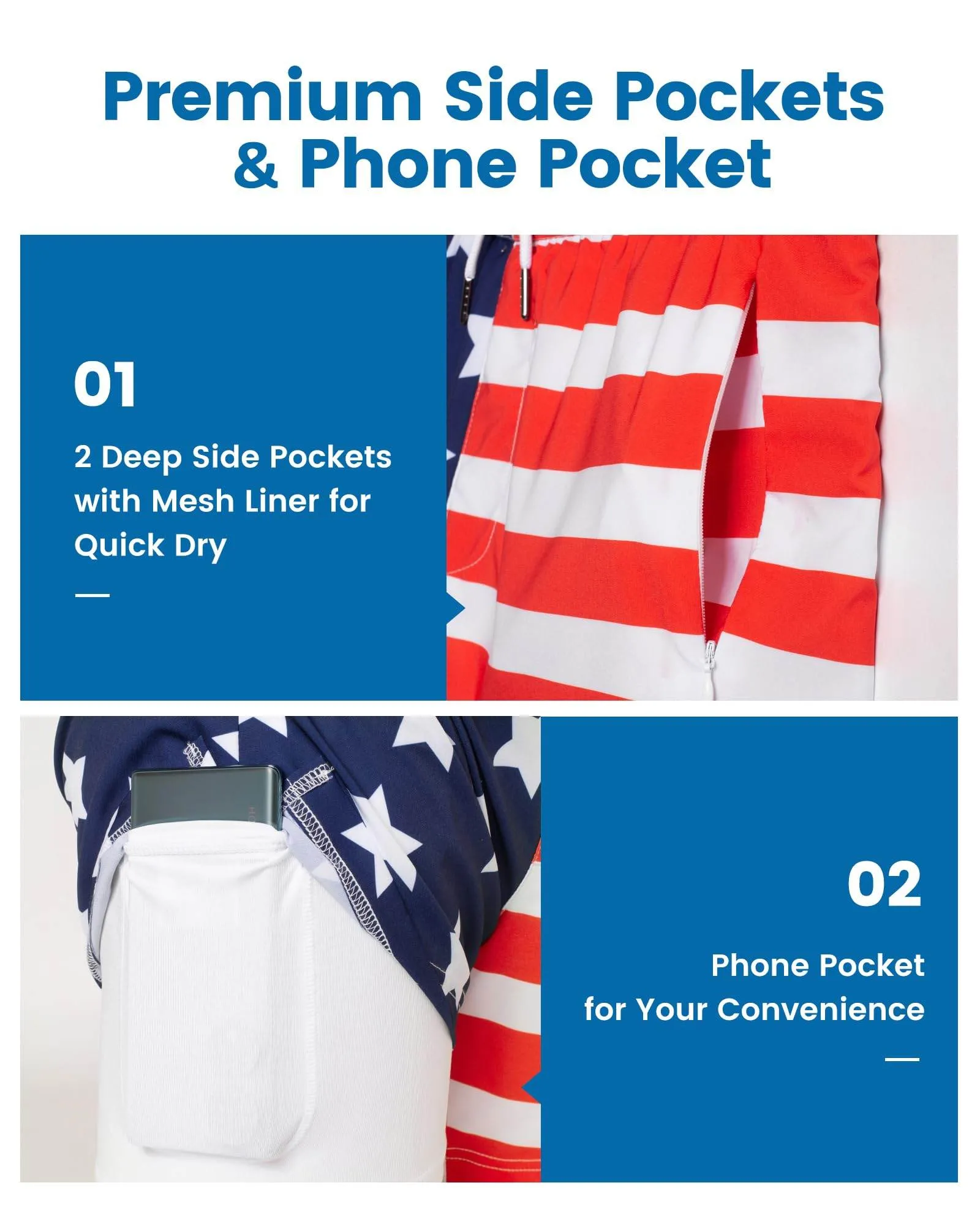 Mens Swim Trunks Compression Liner Quick Dry Zipper Pockets