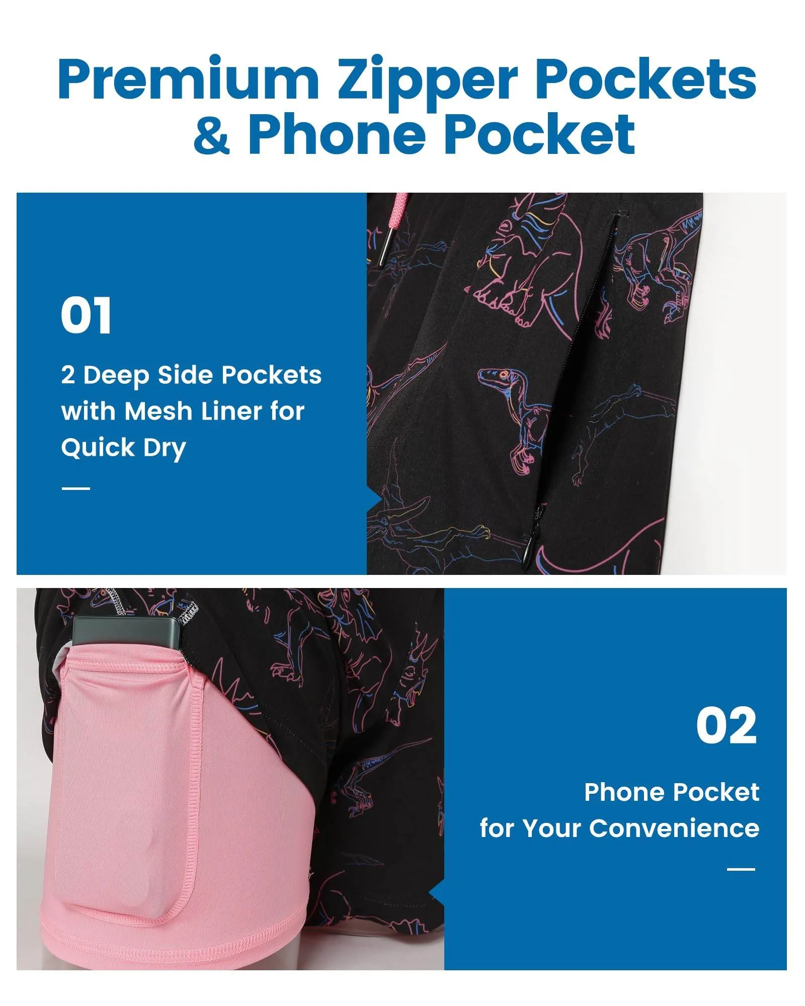 Mens Swim Trunks Compression Liner Quick Dry Zipper Pockets