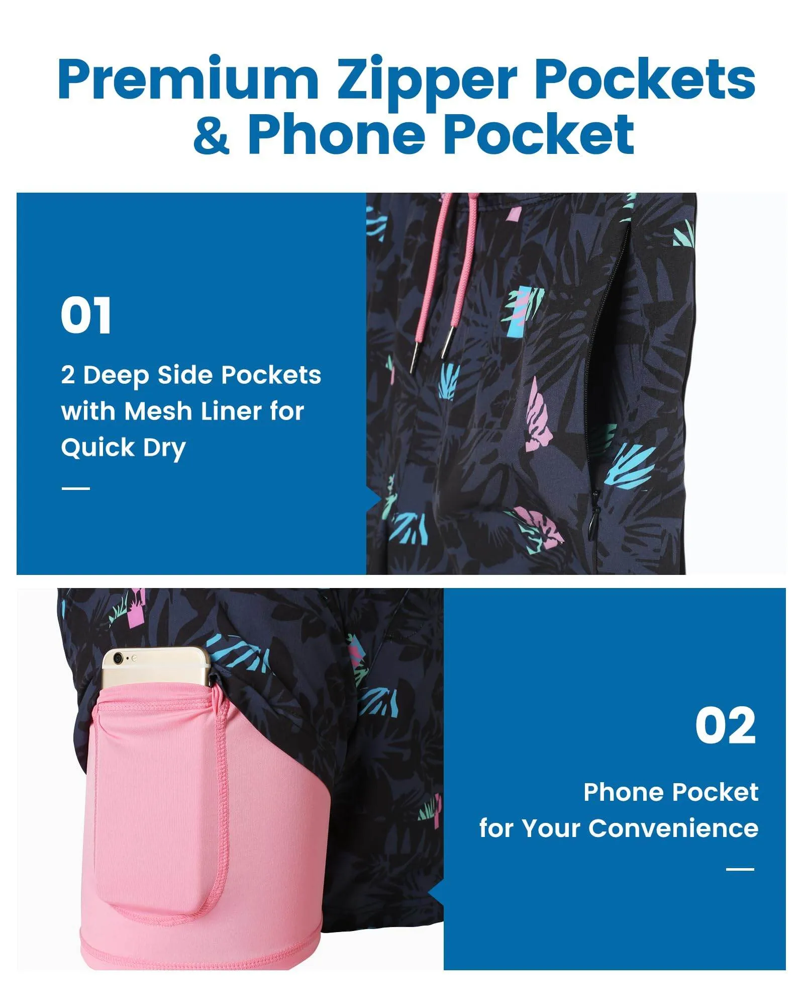 Mens Swim Trunks Compression Liner Quick Dry Zipper Pockets