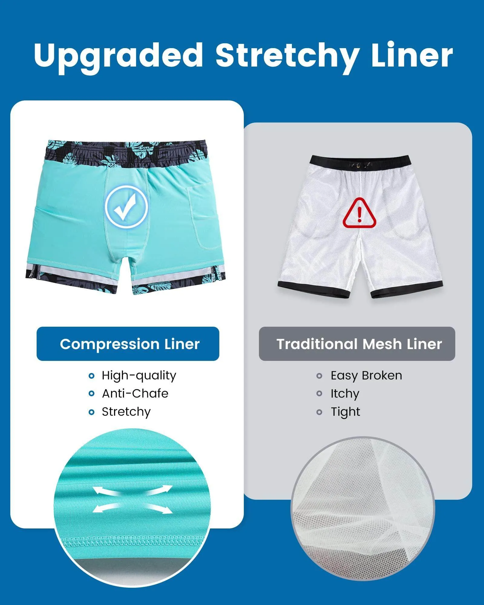 Mens Swim Trunks Compression Liner Quick Dry Zipper Pockets