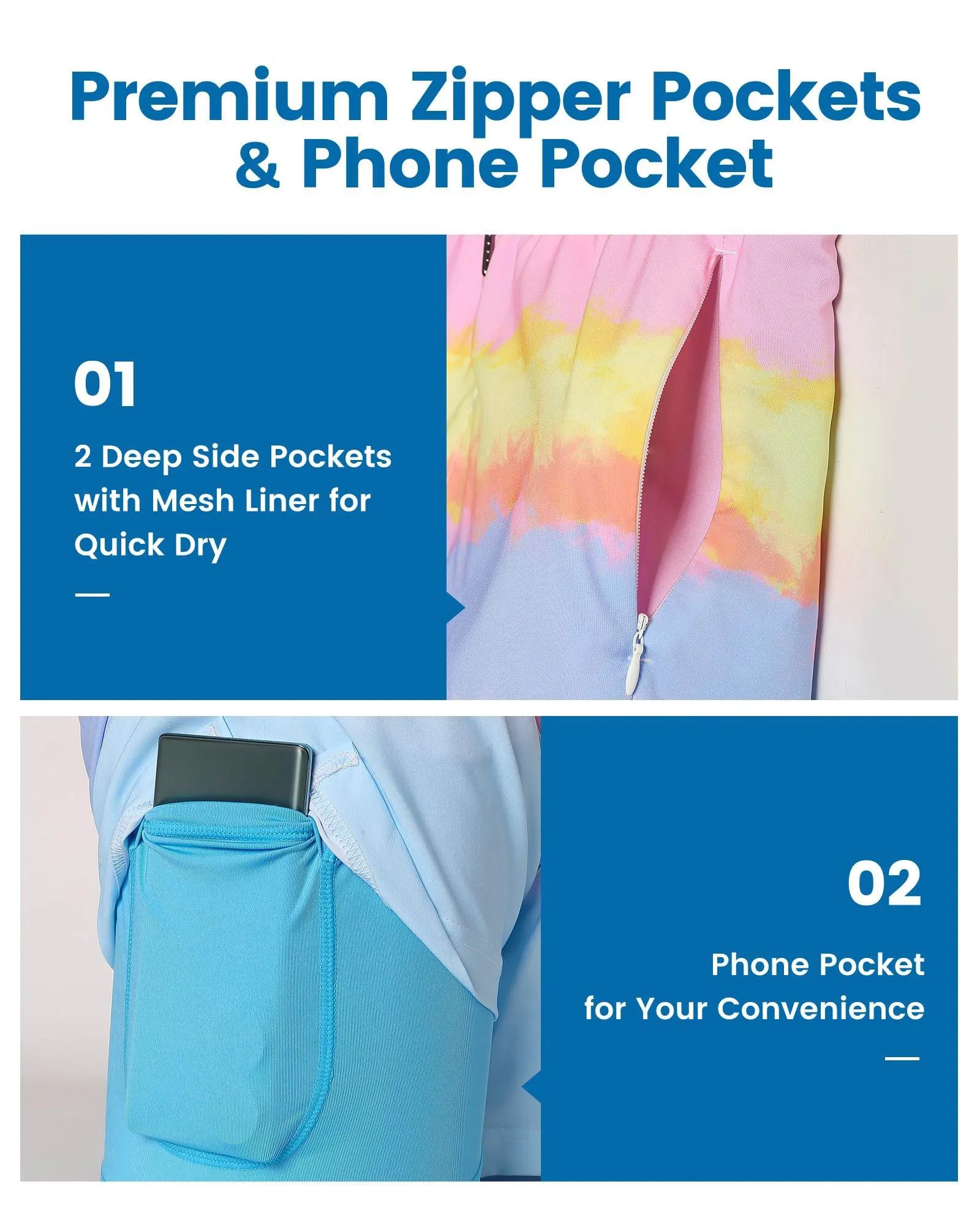 Mens Swim Trunks Compression Liner Quick Dry Zipper Pockets