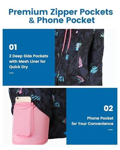 Mens Swim Trunks Compression Liner Quick Dry Zipper Pockets