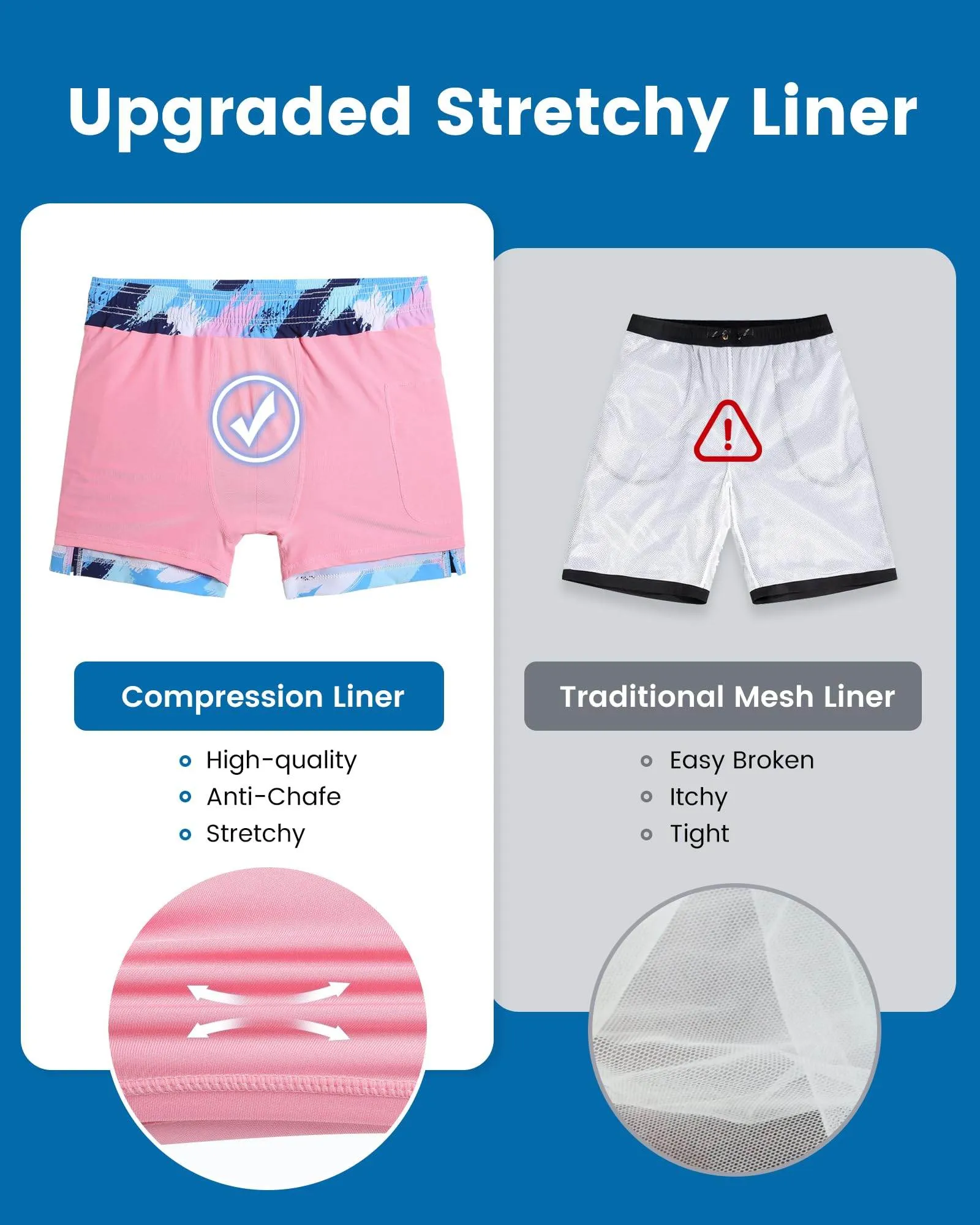 Mens Swim Trunks Compression Liner Quick Dry Zipper Pockets