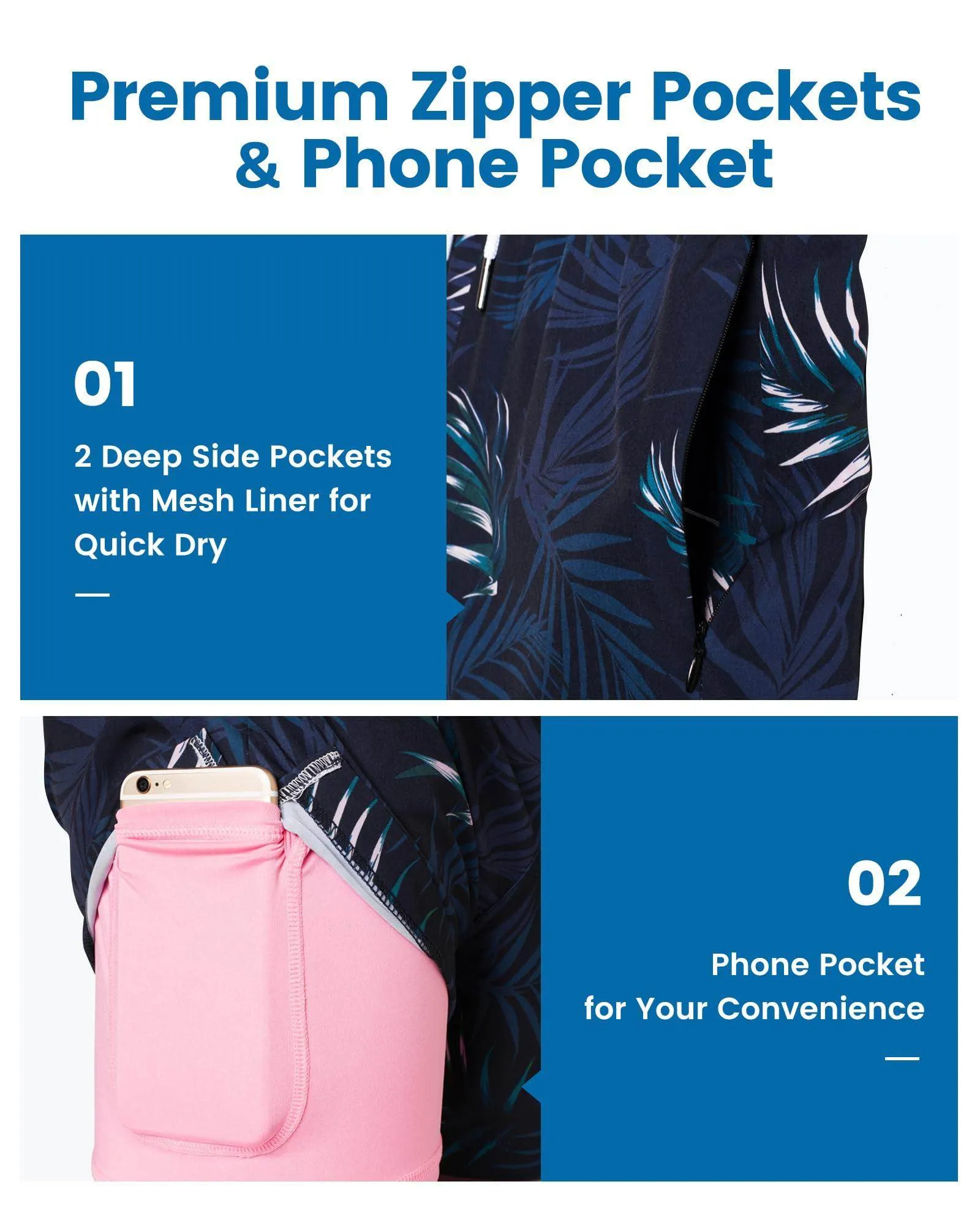 Mens Swim Trunks Compression Liner Quick Dry Zipper Pockets