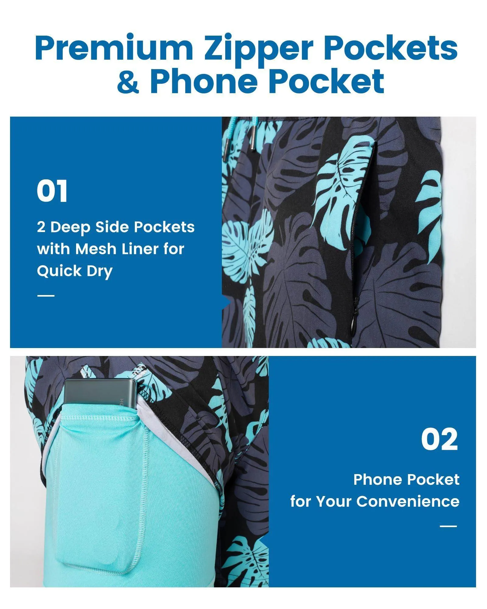 Mens Swim Trunks Compression Liner Quick Dry Zipper Pockets
