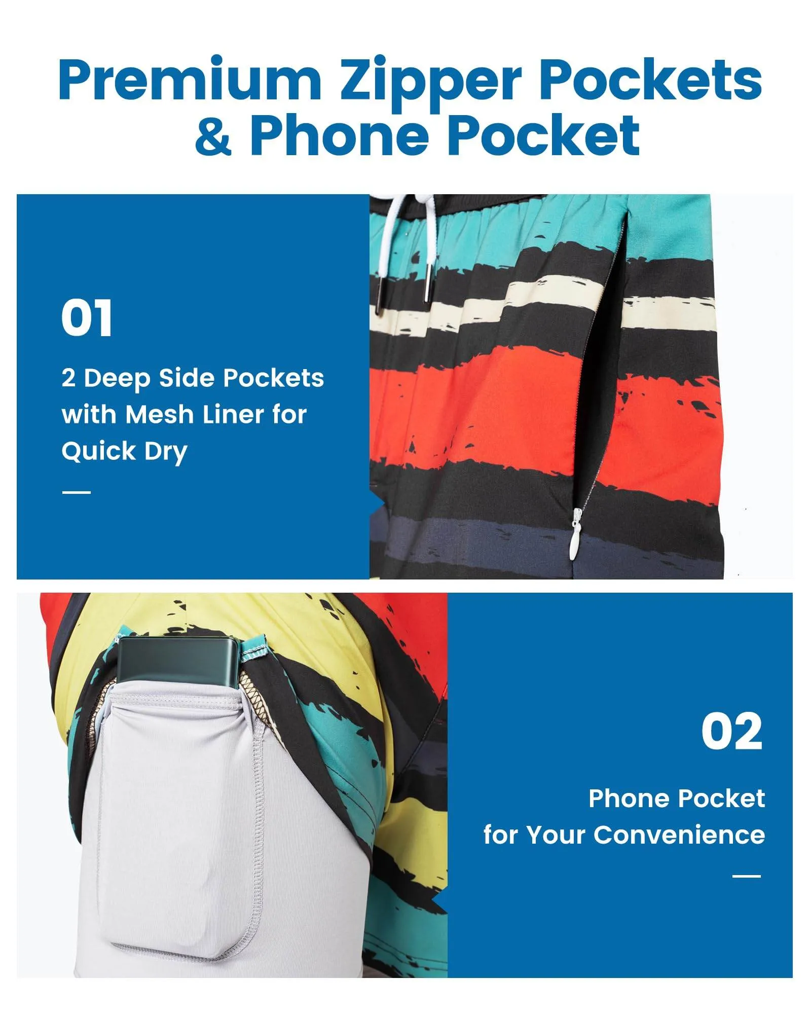 Mens Swim Trunks Compression Liner Quick Dry Zipper Pockets