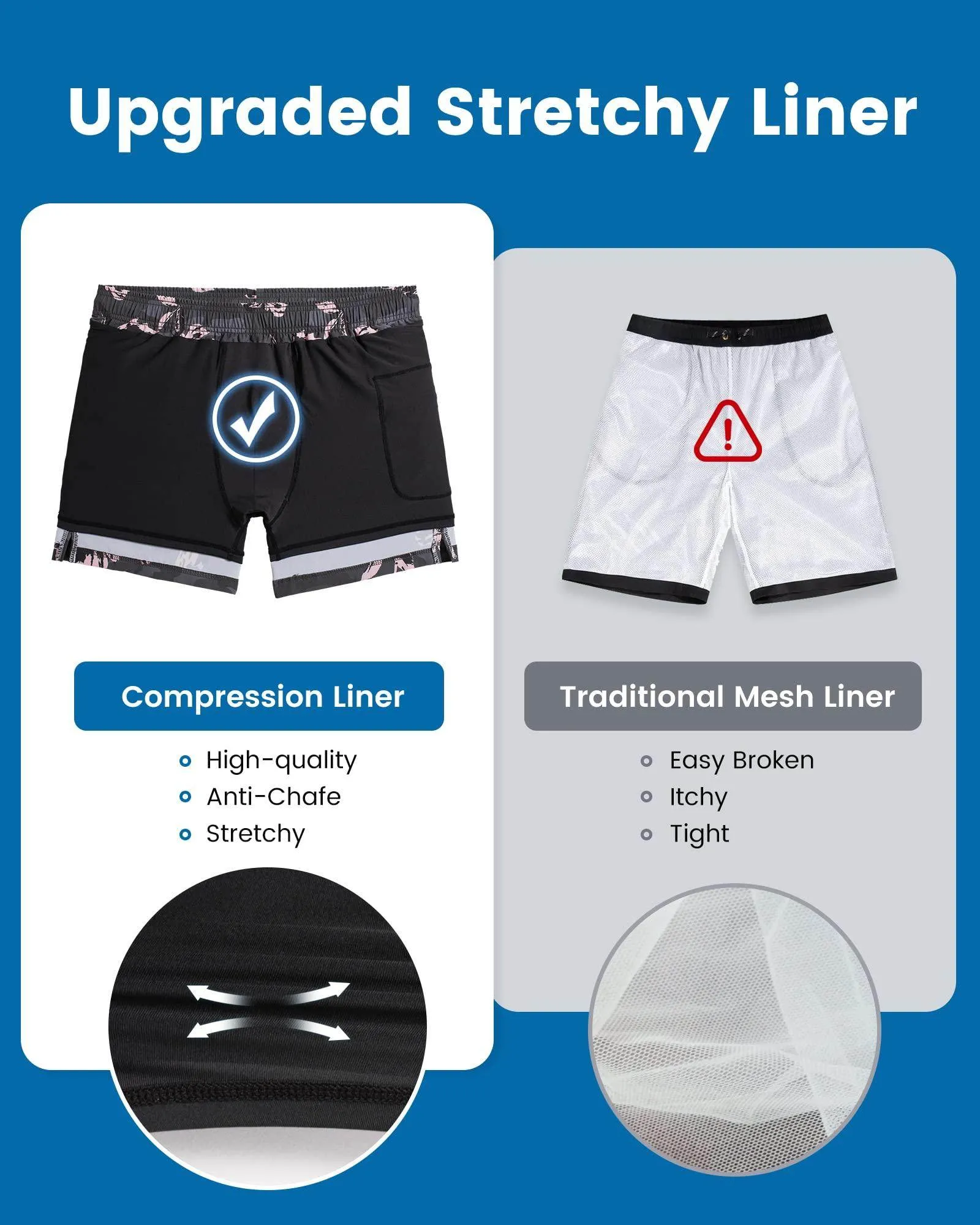 Mens Swim Trunks Compression Liner Quick Dry Zipper Pockets