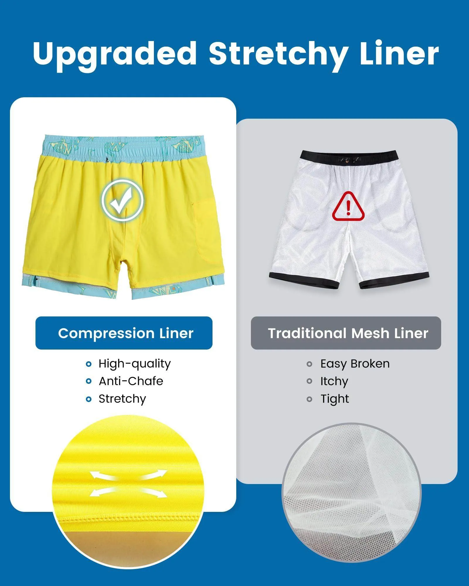 Mens Swim Trunks Compression Liner Quick Dry Zipper Pockets